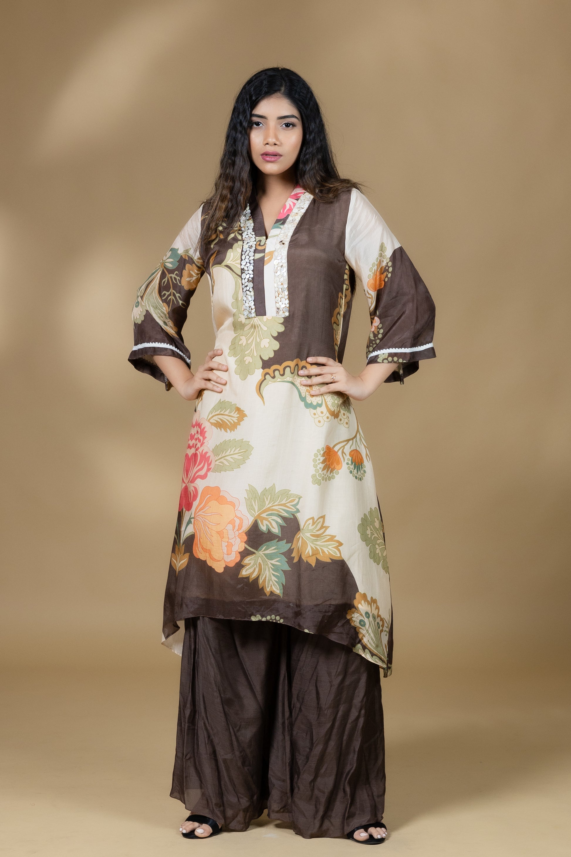 Printed Embellished Floral Co-ord in Brown