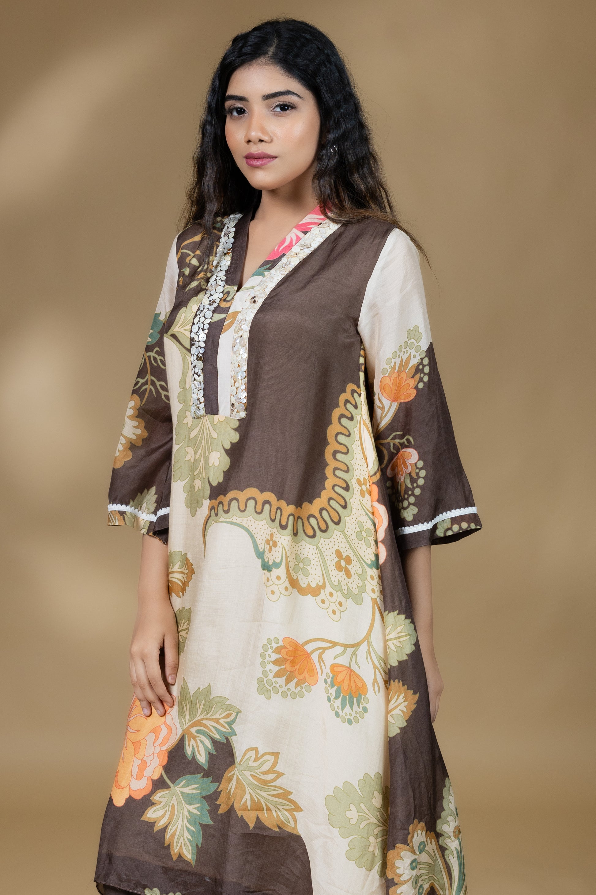 Printed Embellished Floral Co-ord in Brown