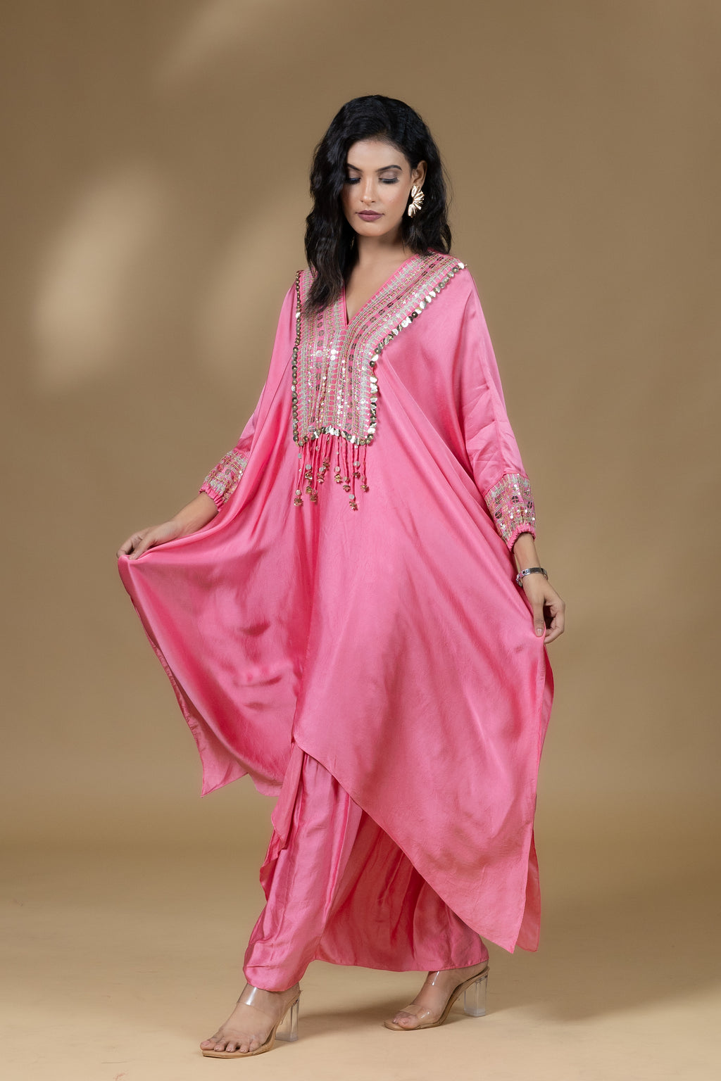 Pink Sequined Kaftan with Dhoti Skirt
