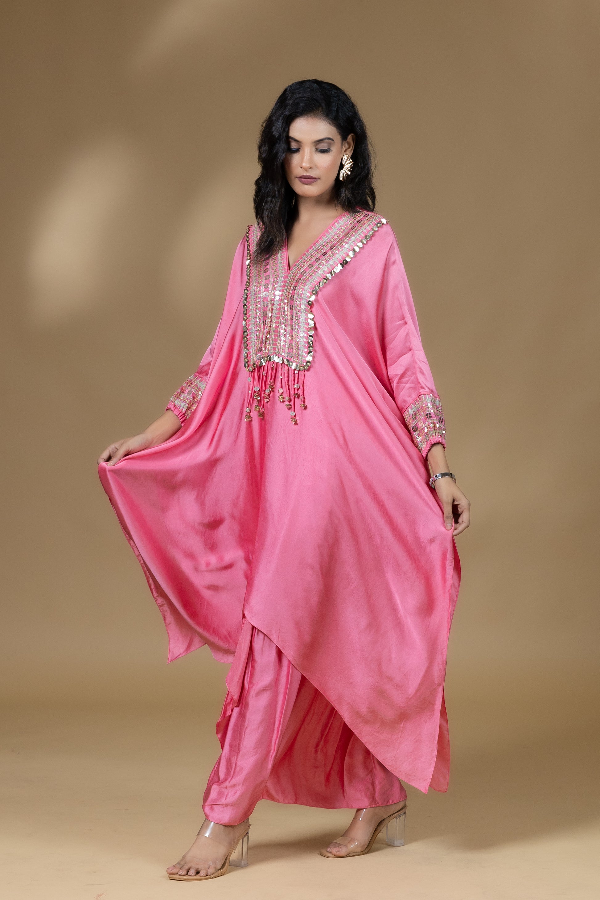 Pink Sequined Kaftan with Dhoti Skirt