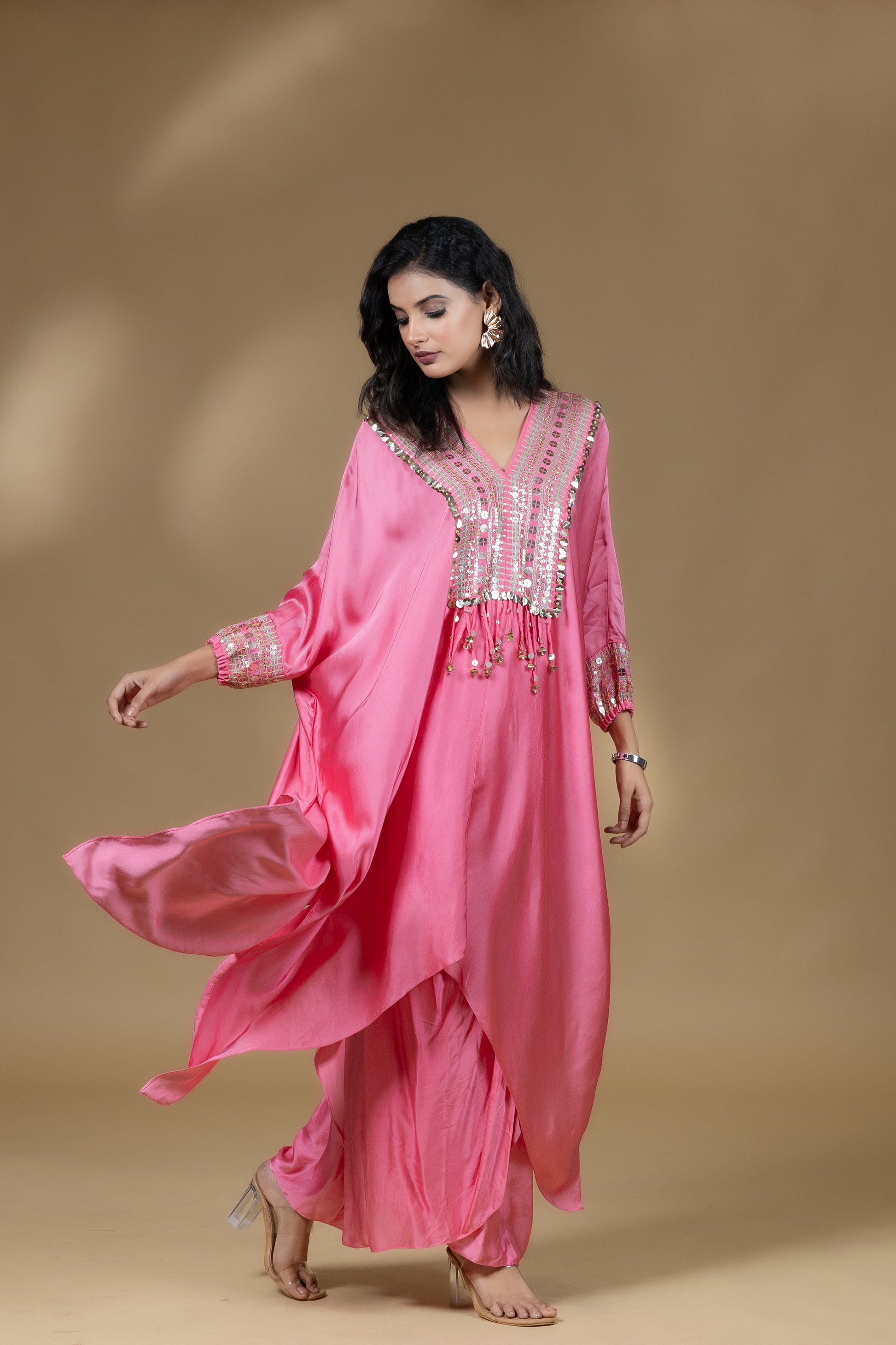 Pink Sequined Kaftan with Dhoti Skirt