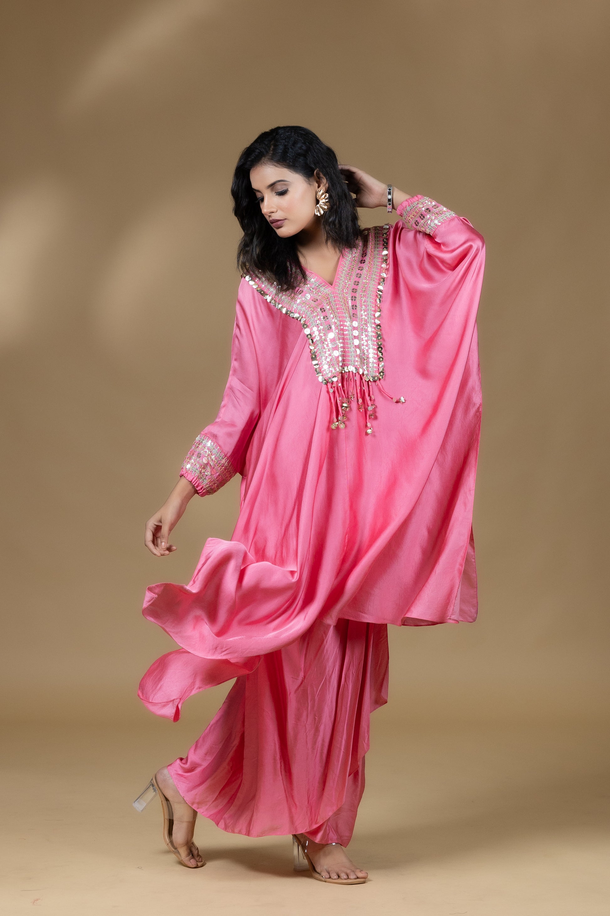 Pink Sequined Kaftan with Dhoti Skirt