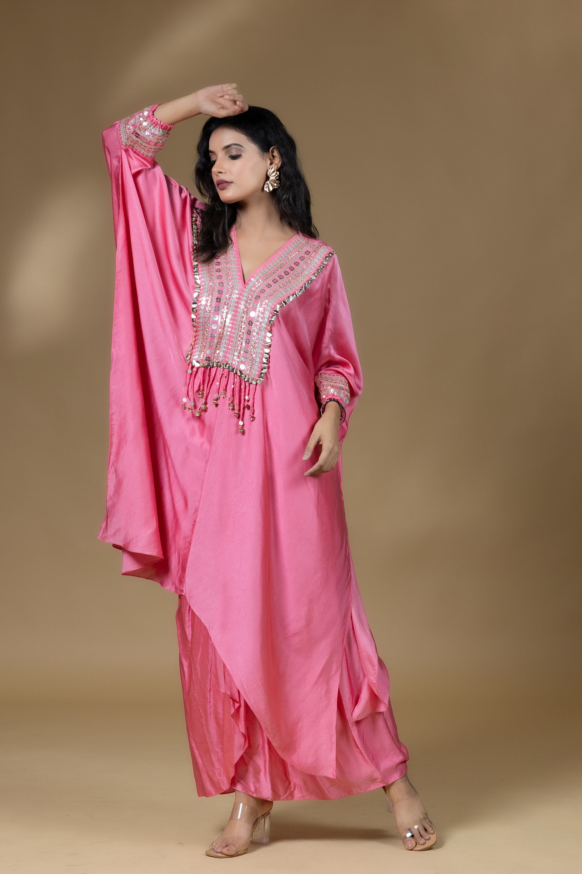 Pink Sequined Kaftan with Dhoti Skirt