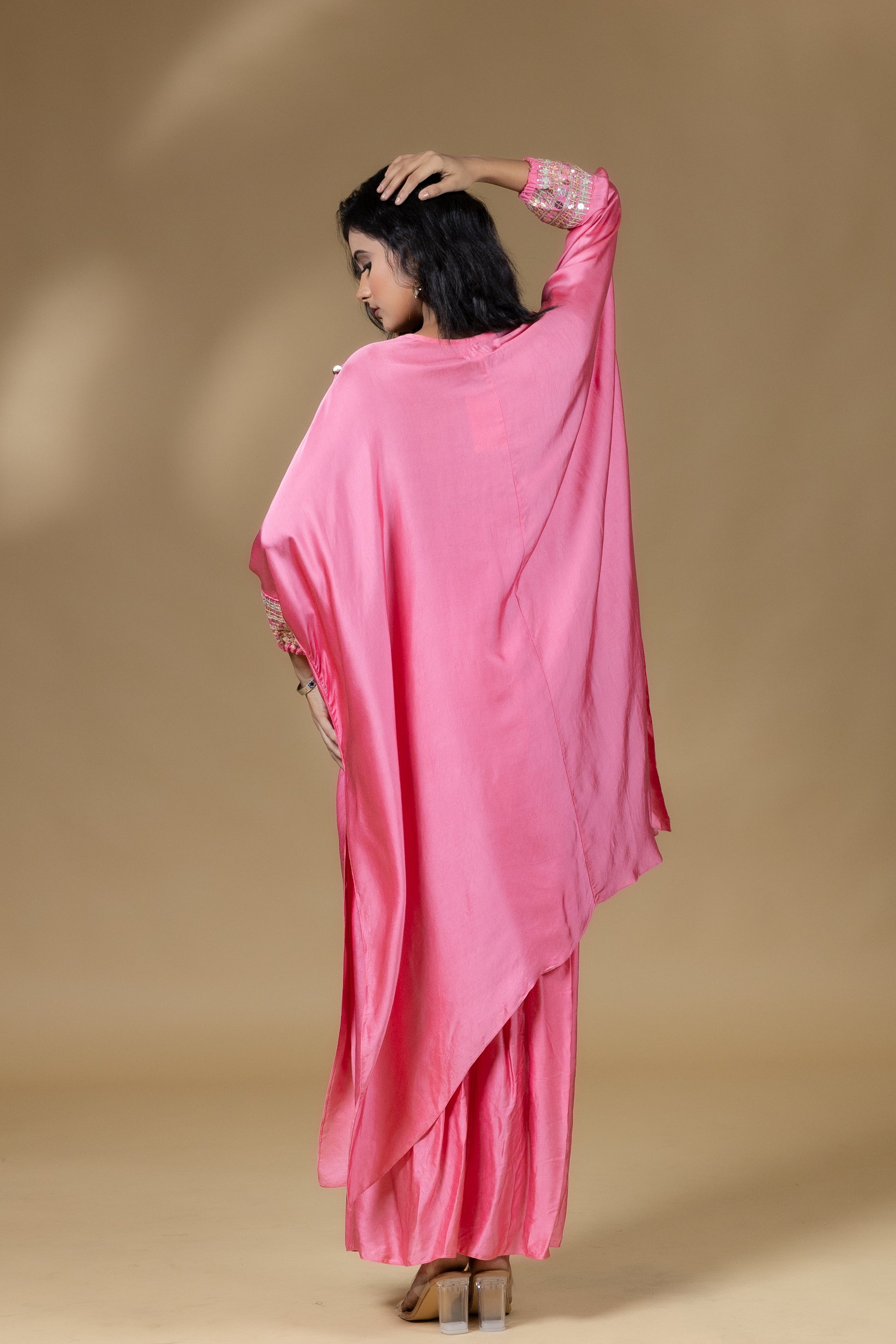 Pink Sequined Kaftan with Dhoti Skirt