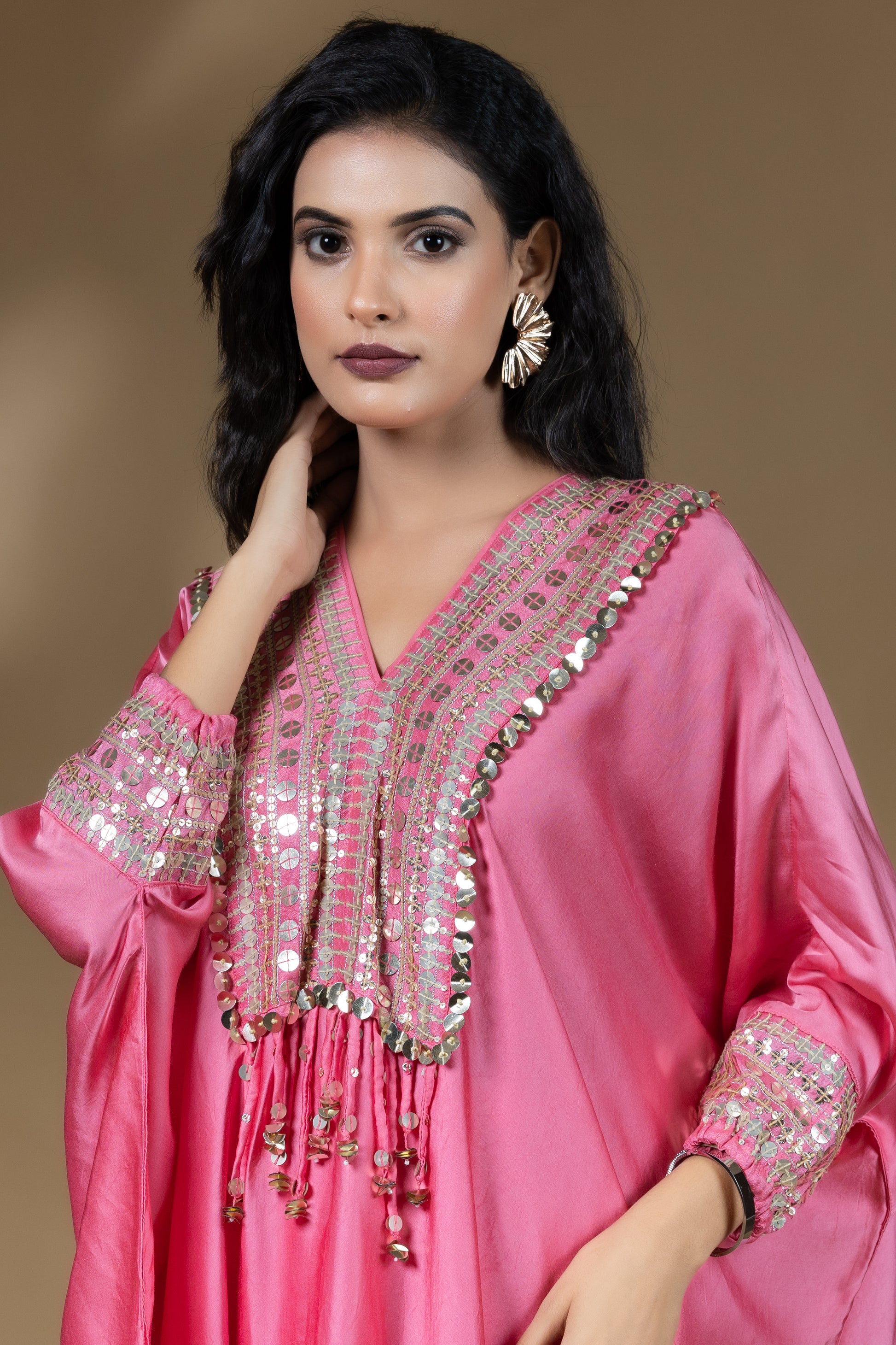 Pink Sequined Kaftan with Dhoti Skirt