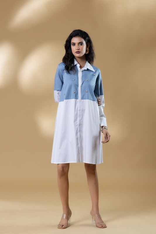 Blue and White Italian Cotton Gin Stone Short Dress