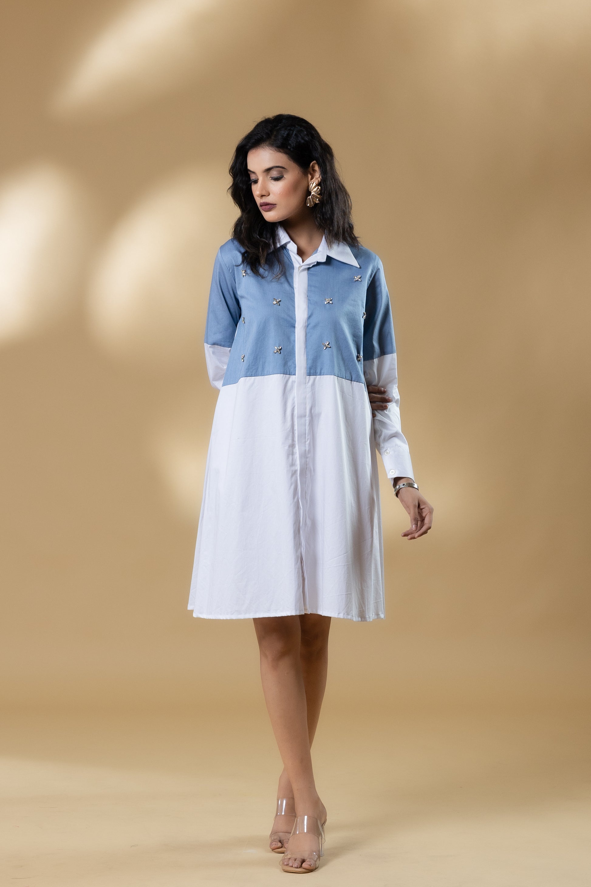 Blue and White Italian Cotton Gin Stone Short Dress