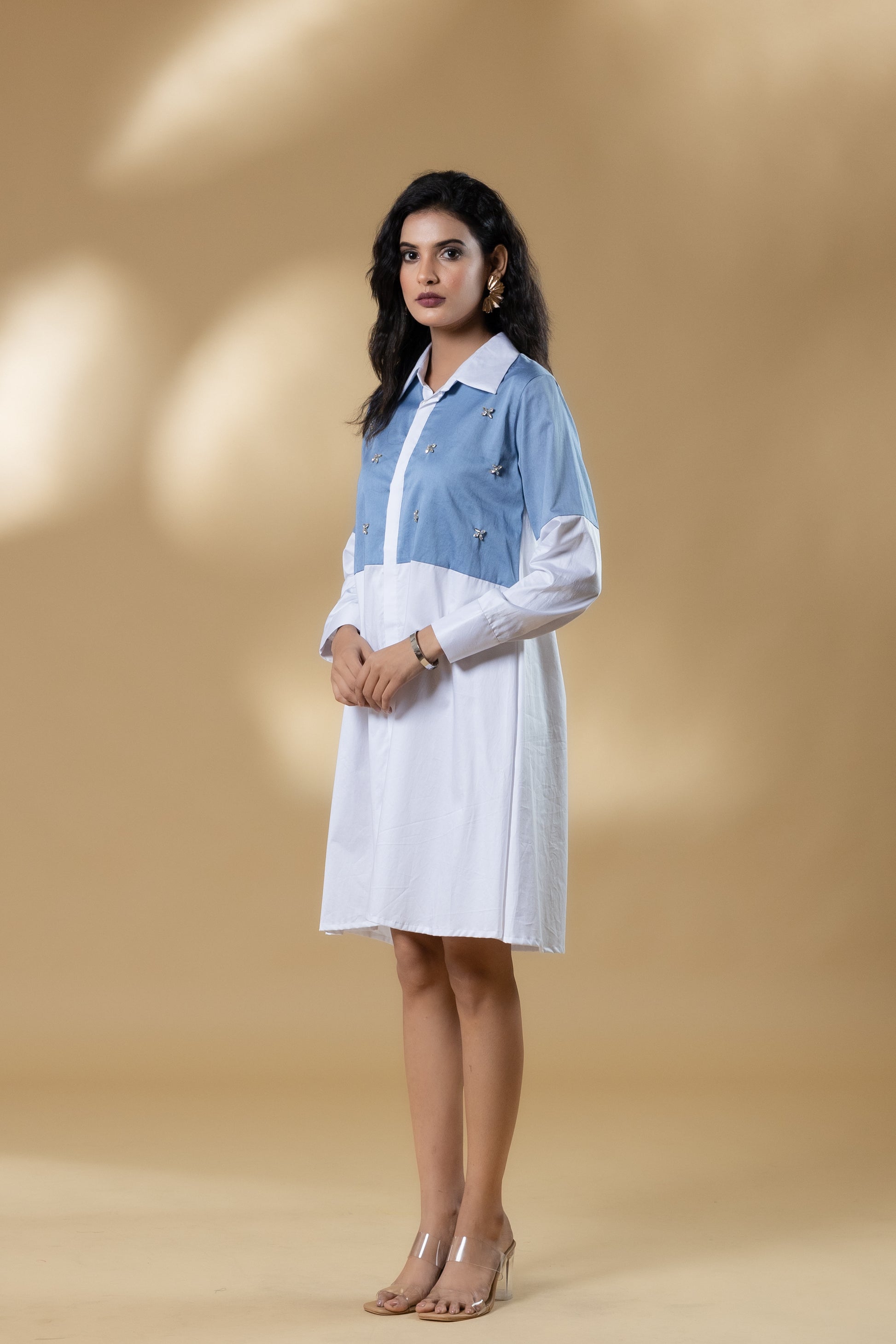 Blue and White Italian Cotton Gin Stone Short Dress