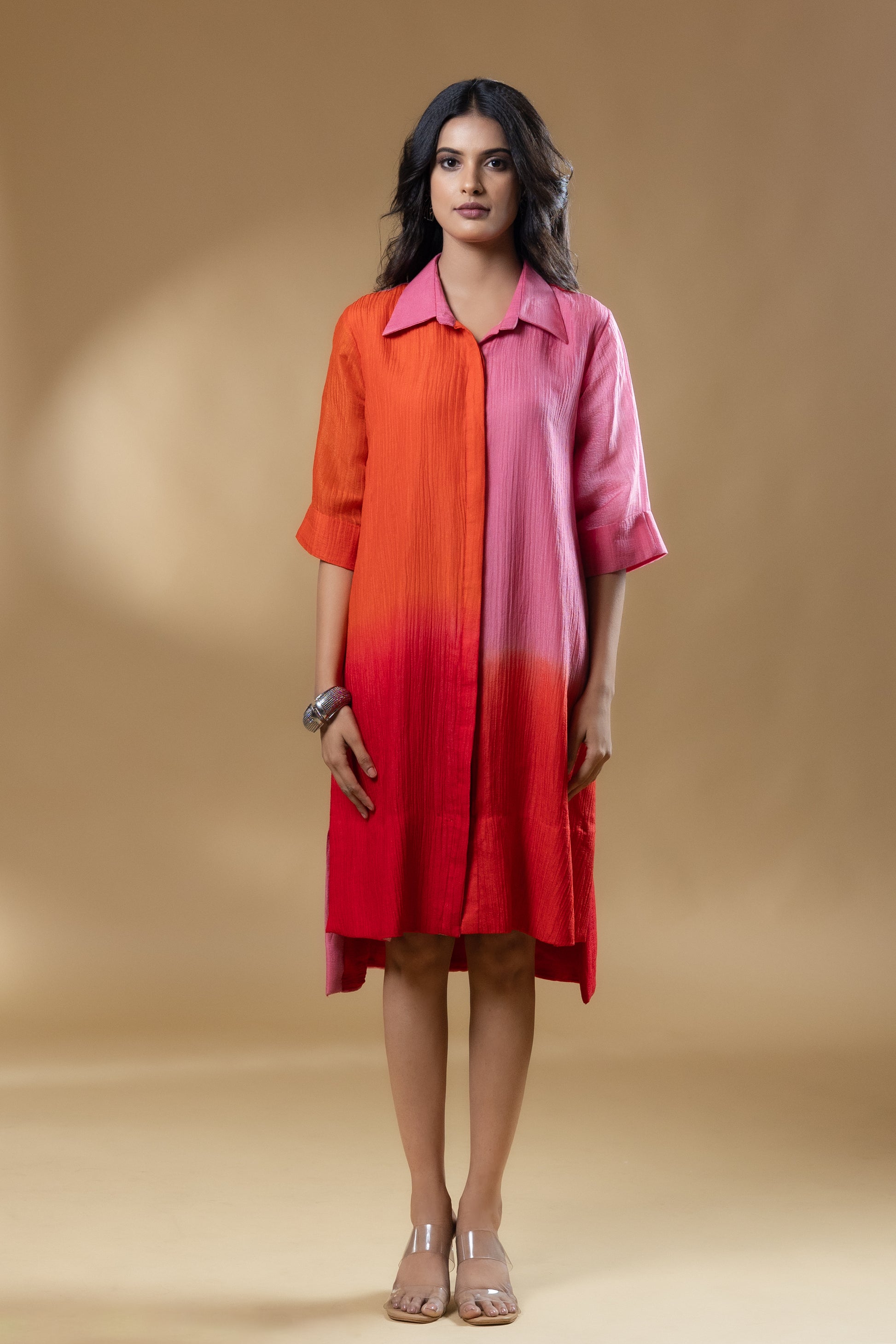 Red & Pink Block Silk Crush Ombre Dress