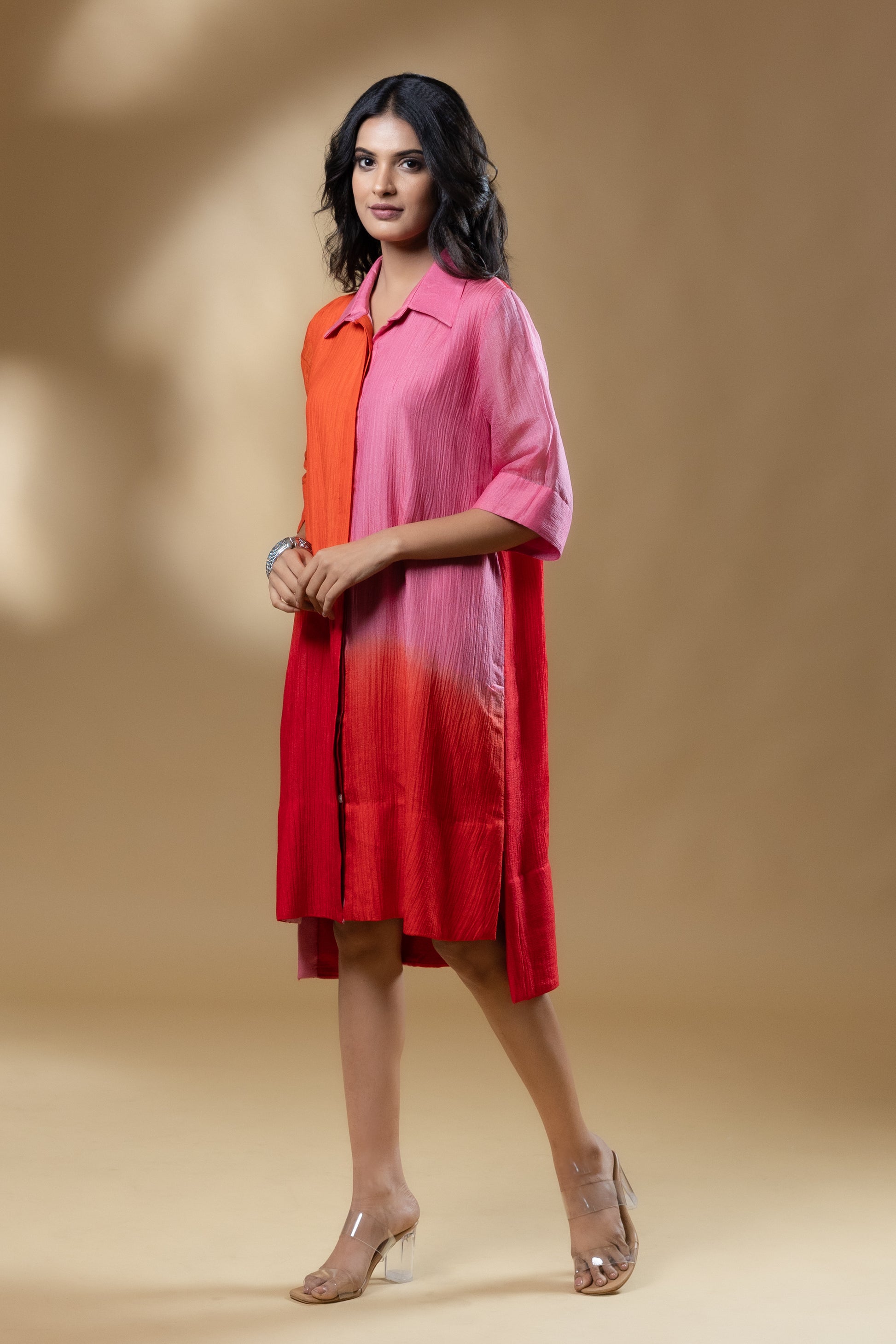 Red & Pink Block Silk Crush Ombre Dress