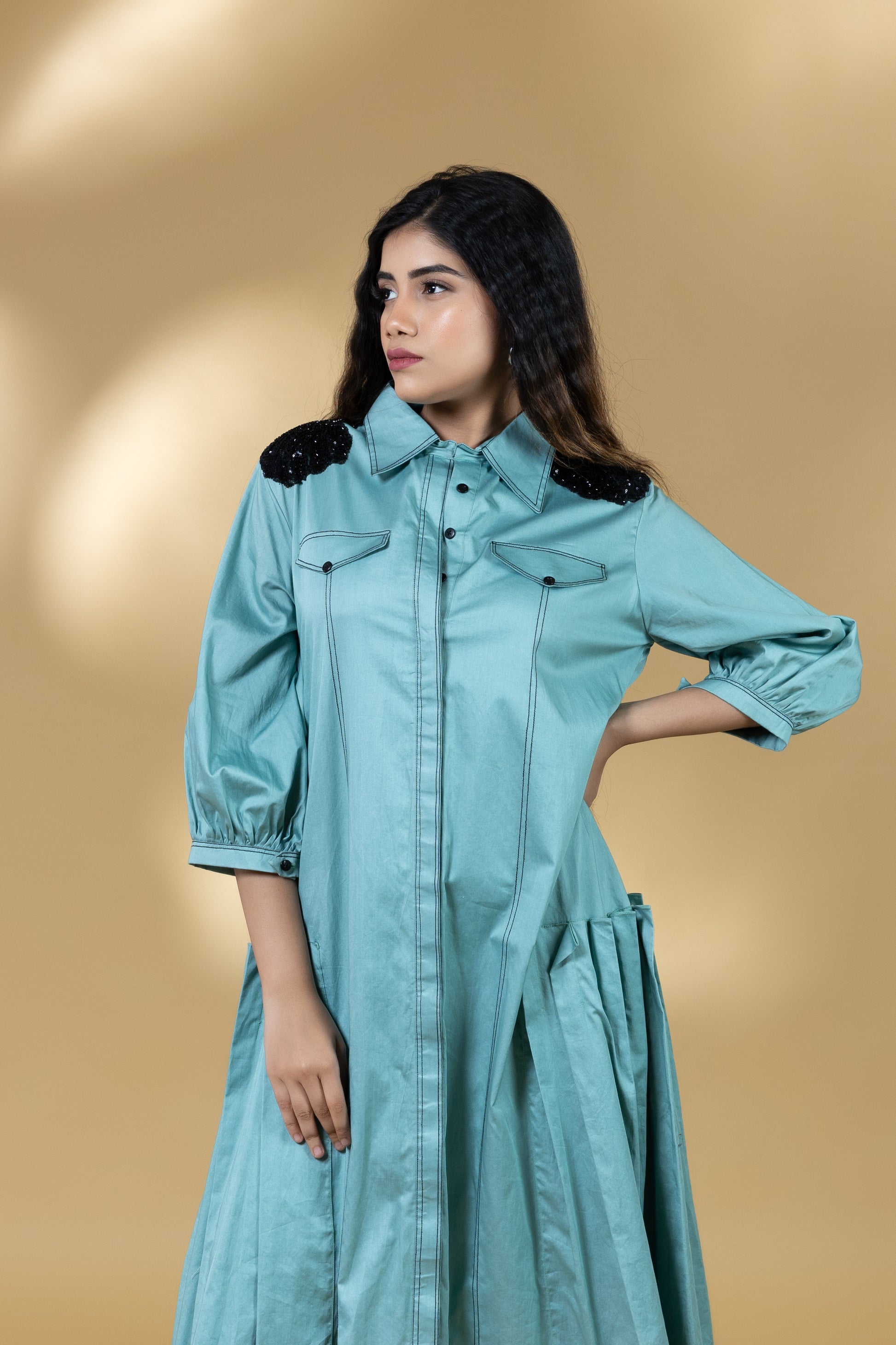 Blue Italian Cotton Flower Patch Long Dress