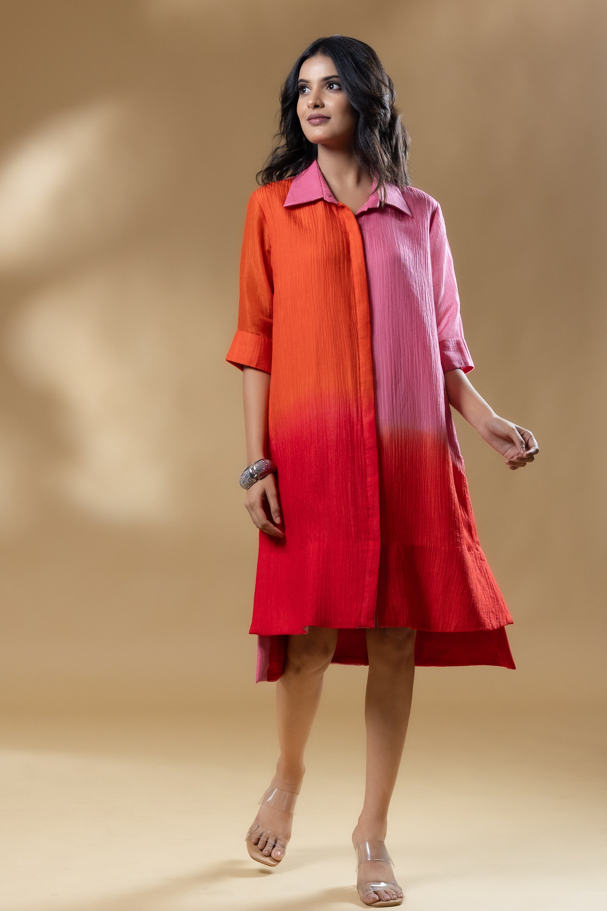 Red & Pink Block Silk Crush Ombre Dress