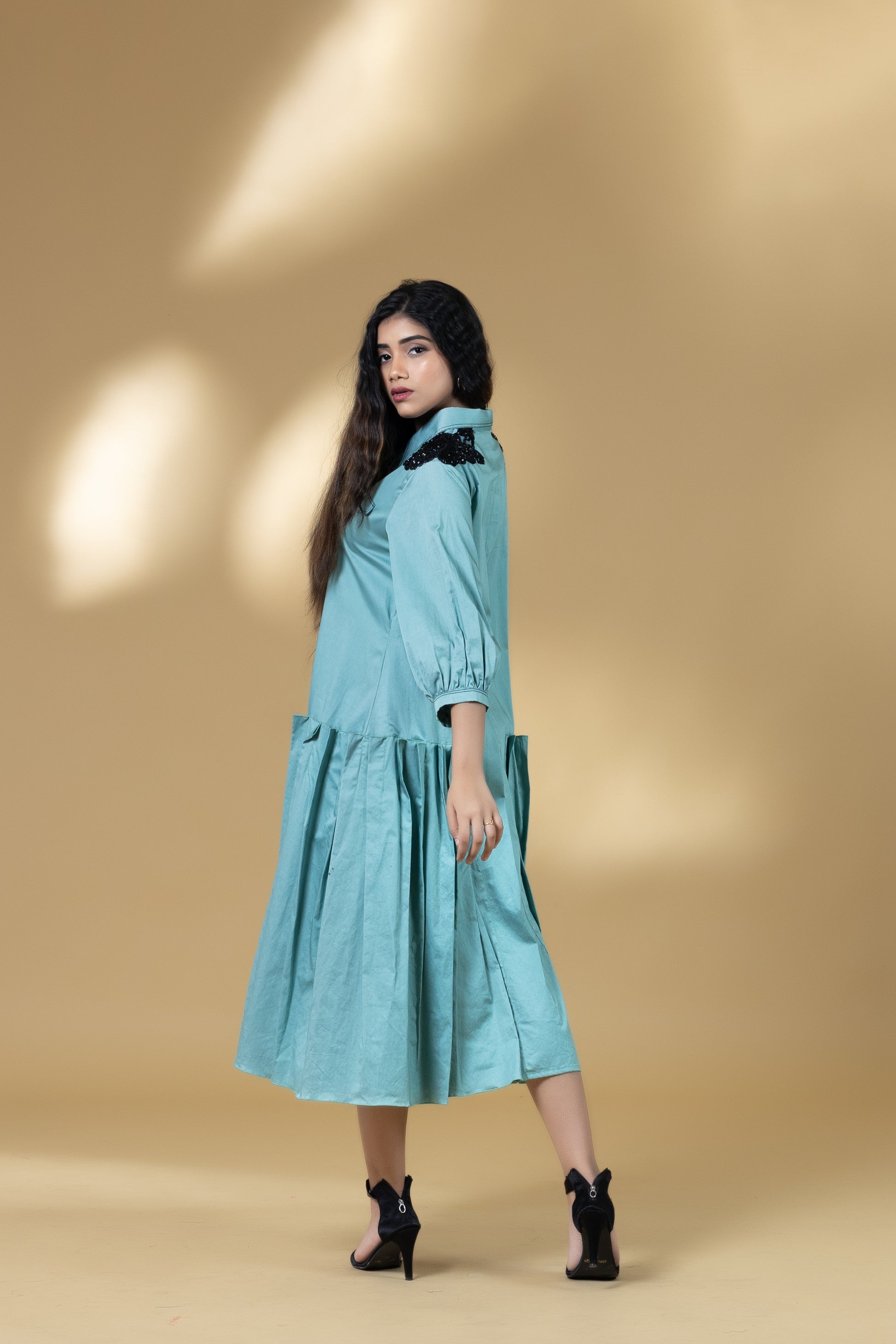 Blue Italian Cotton Flower Patch Long Dress