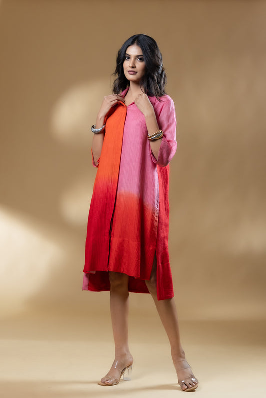 Red & Pink Block Silk Crush Ombre Dress