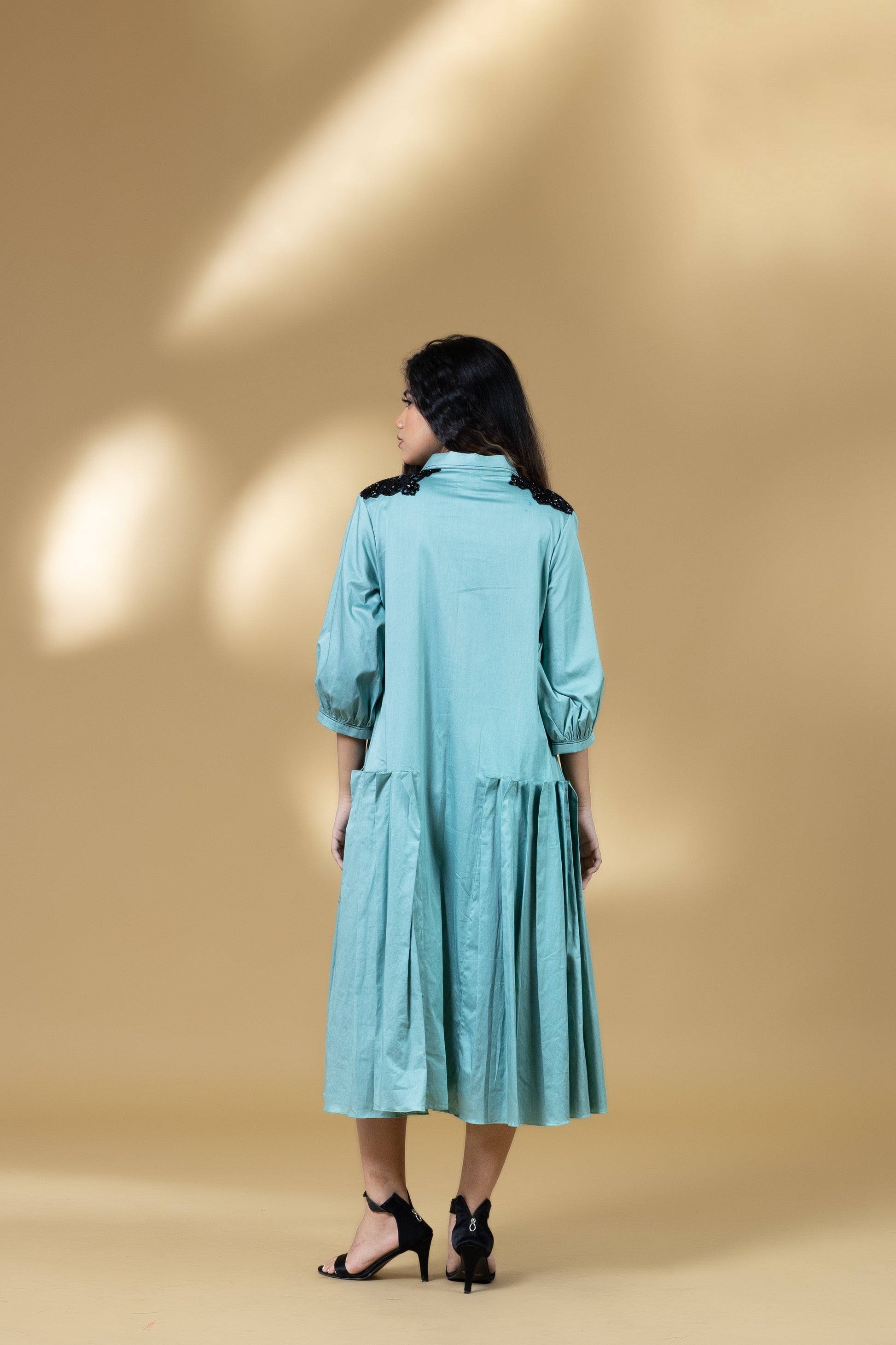 Blue Italian Cotton Flower Patch Long Dress