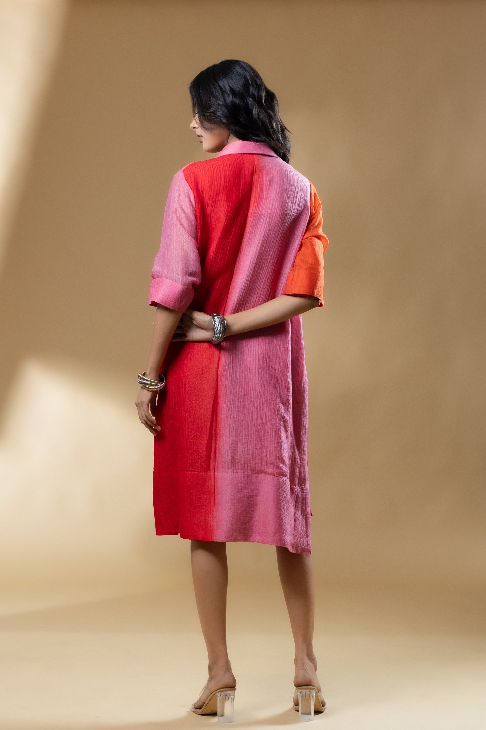 Red & Pink Block Silk Crush Ombre Dress