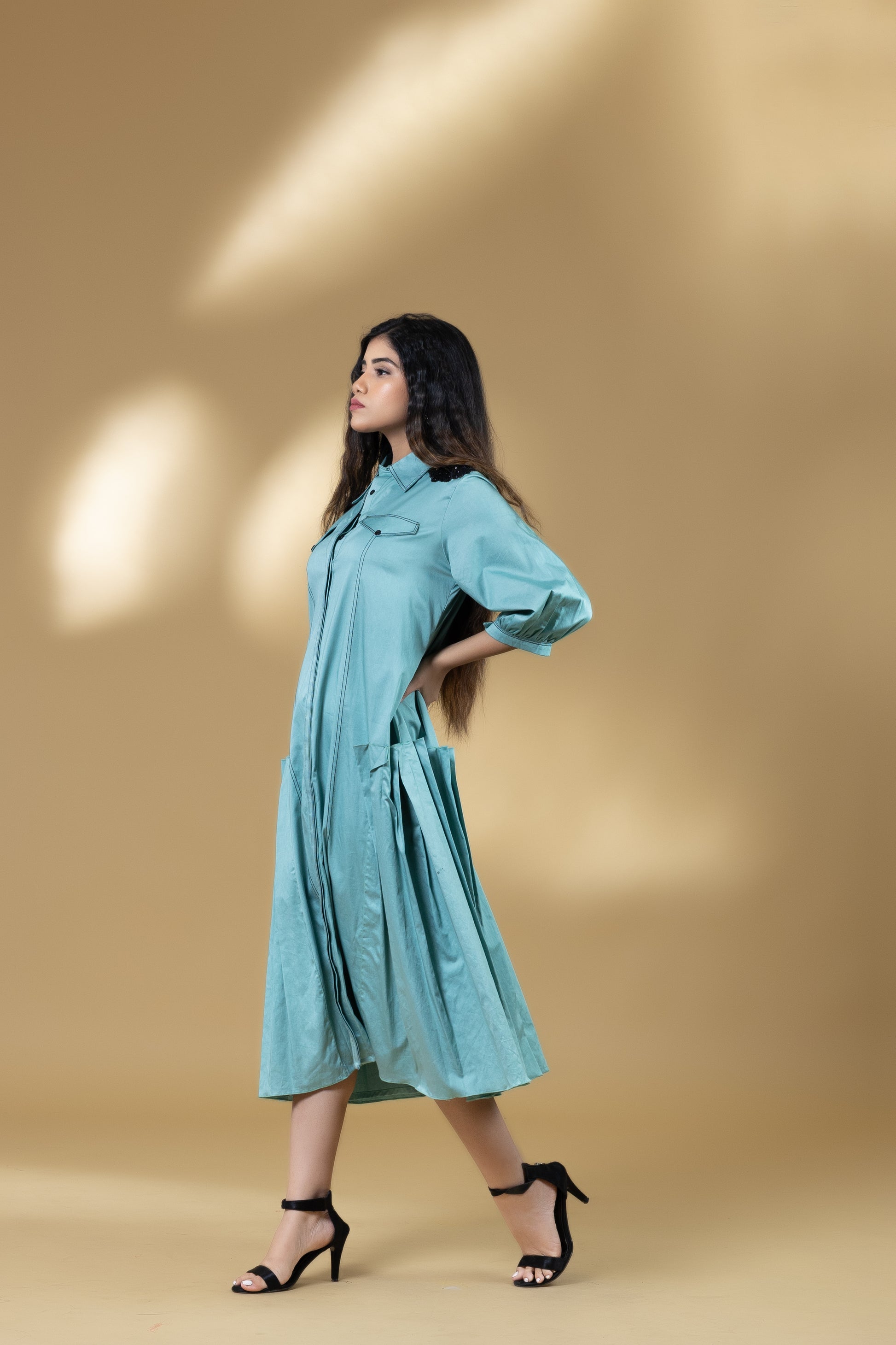 Blue Italian Cotton Flower Patch Long Dress