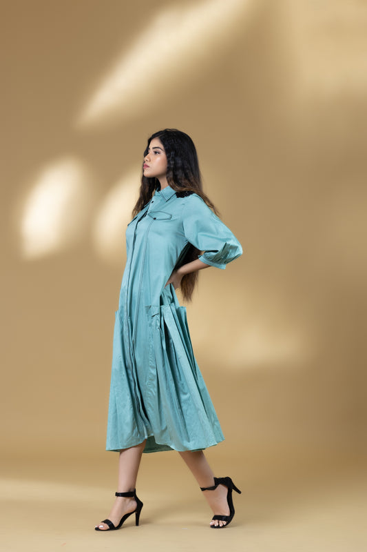 Blue Italian Cotton Flower Patch Long Dress