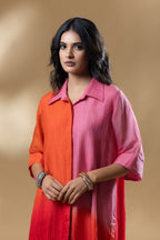 Red & Pink Block Silk Crush Ombre Dress