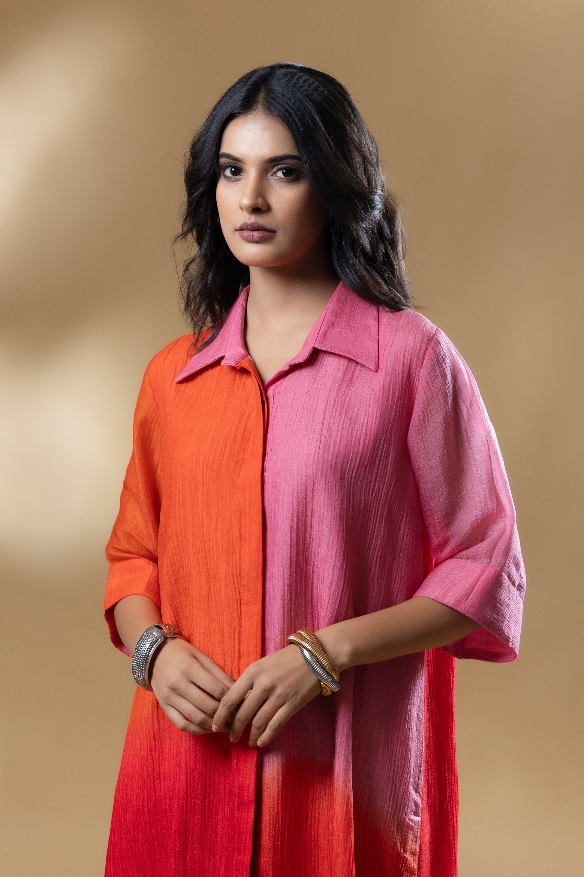 Red & Pink Block Silk Crush Ombre Dress