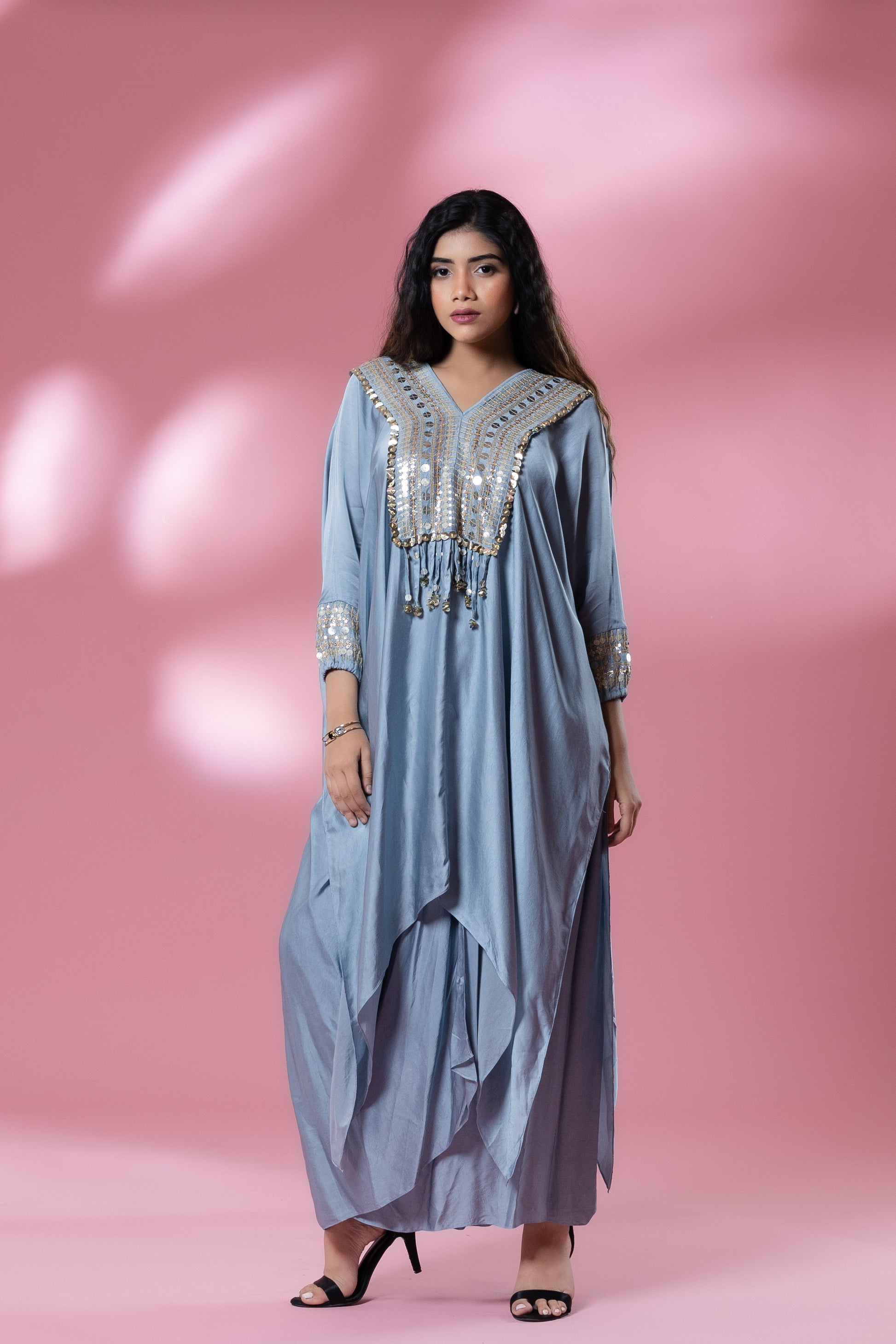 Blue-Grey Sequined Kaftan with Dhoti Skirt