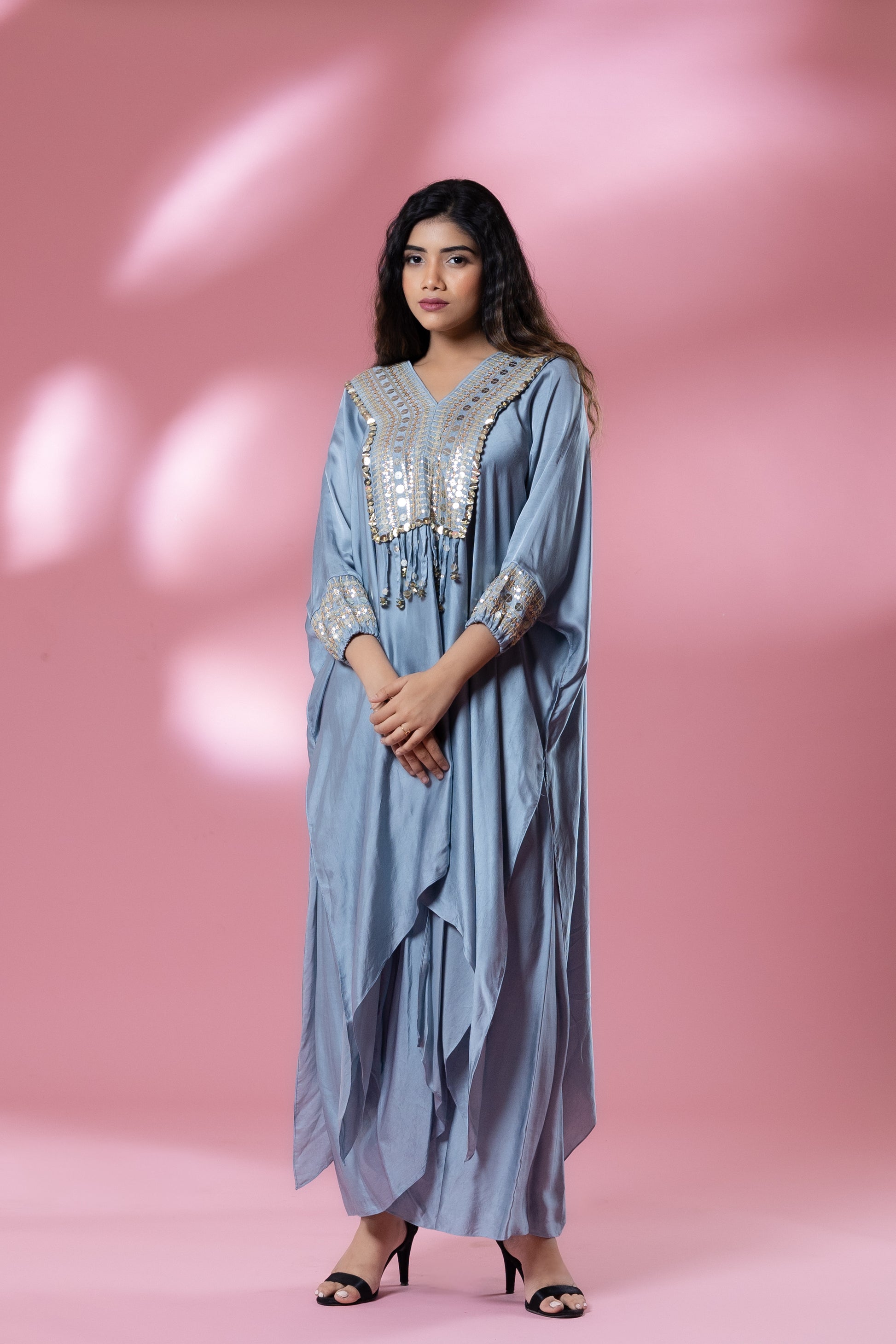 Blue-Grey Sequined Kaftan with Dhoti Skirt