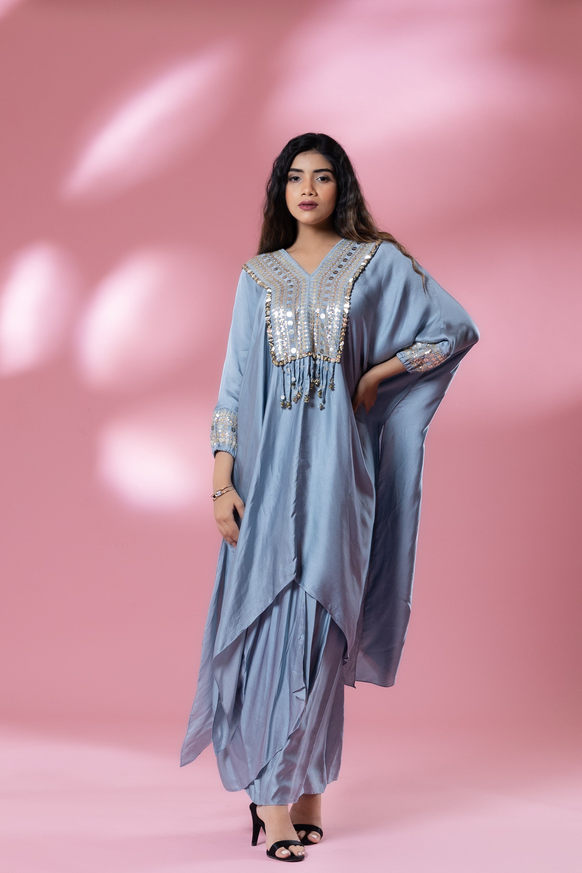 Blue-Grey Sequined Kaftan with Dhoti Skirt