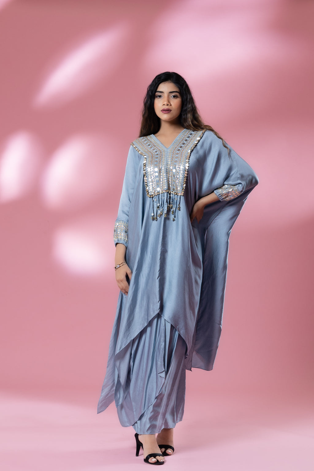 Blue-Grey Sequined Kaftan with Dhoti Skirt