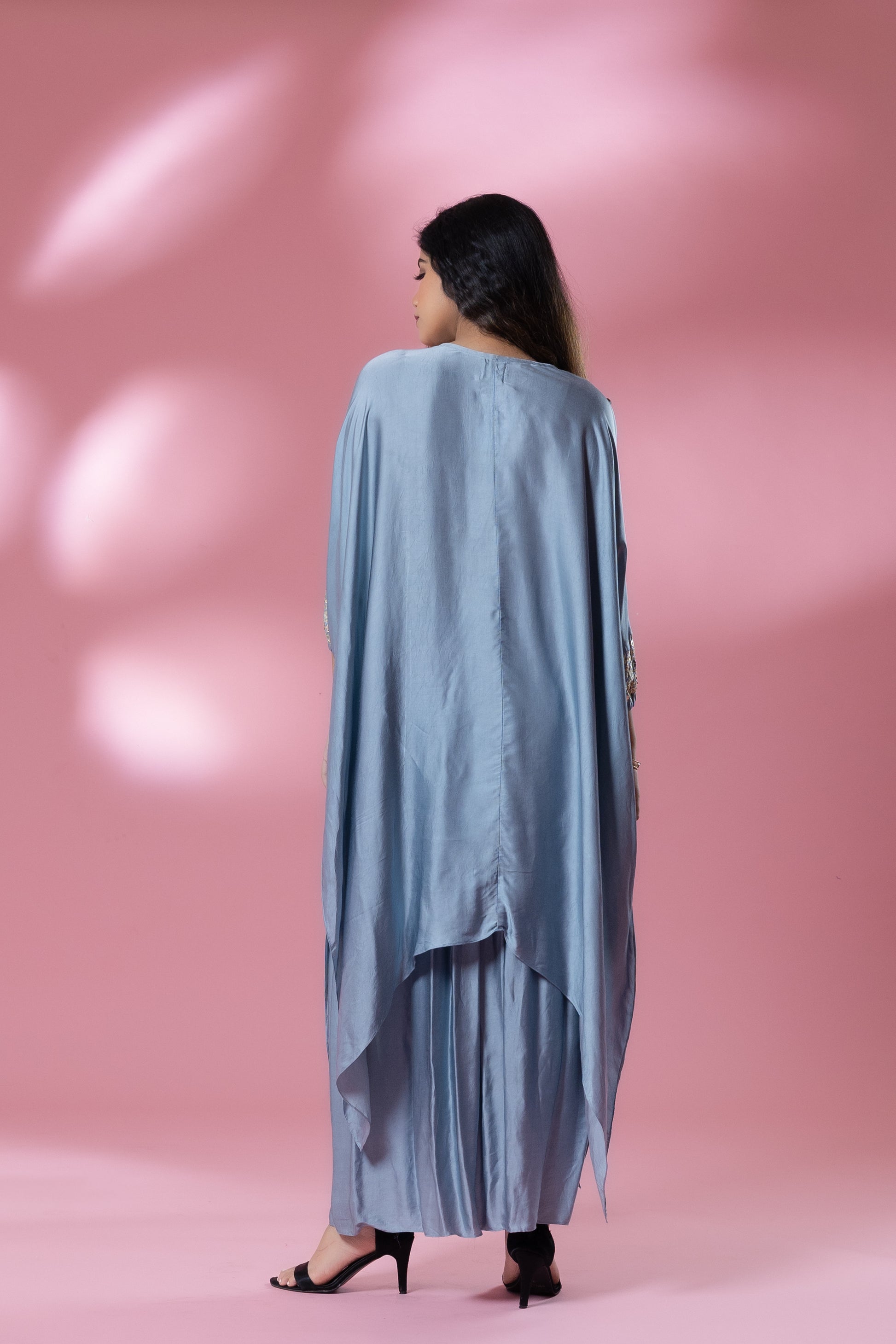 Blue-Grey Sequined Kaftan with Dhoti Skirt