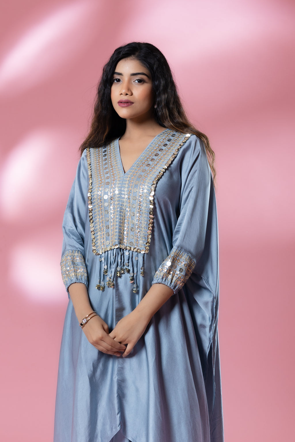 Blue-Grey Sequined Kaftan with Dhoti Skirt