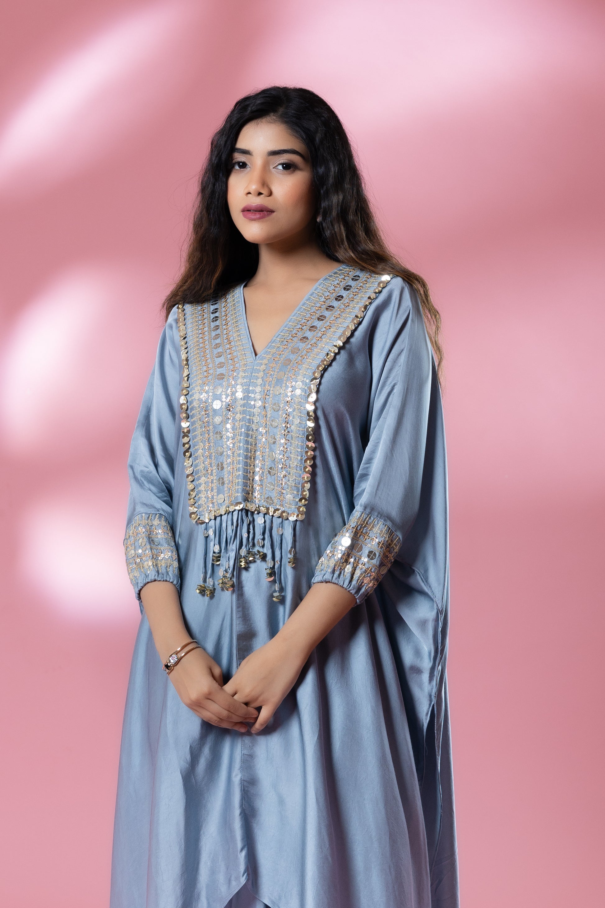 Blue-Grey Sequined Kaftan with Dhoti Skirt