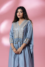 Blue-Grey Sequined Kaftan with Dhoti Skirt