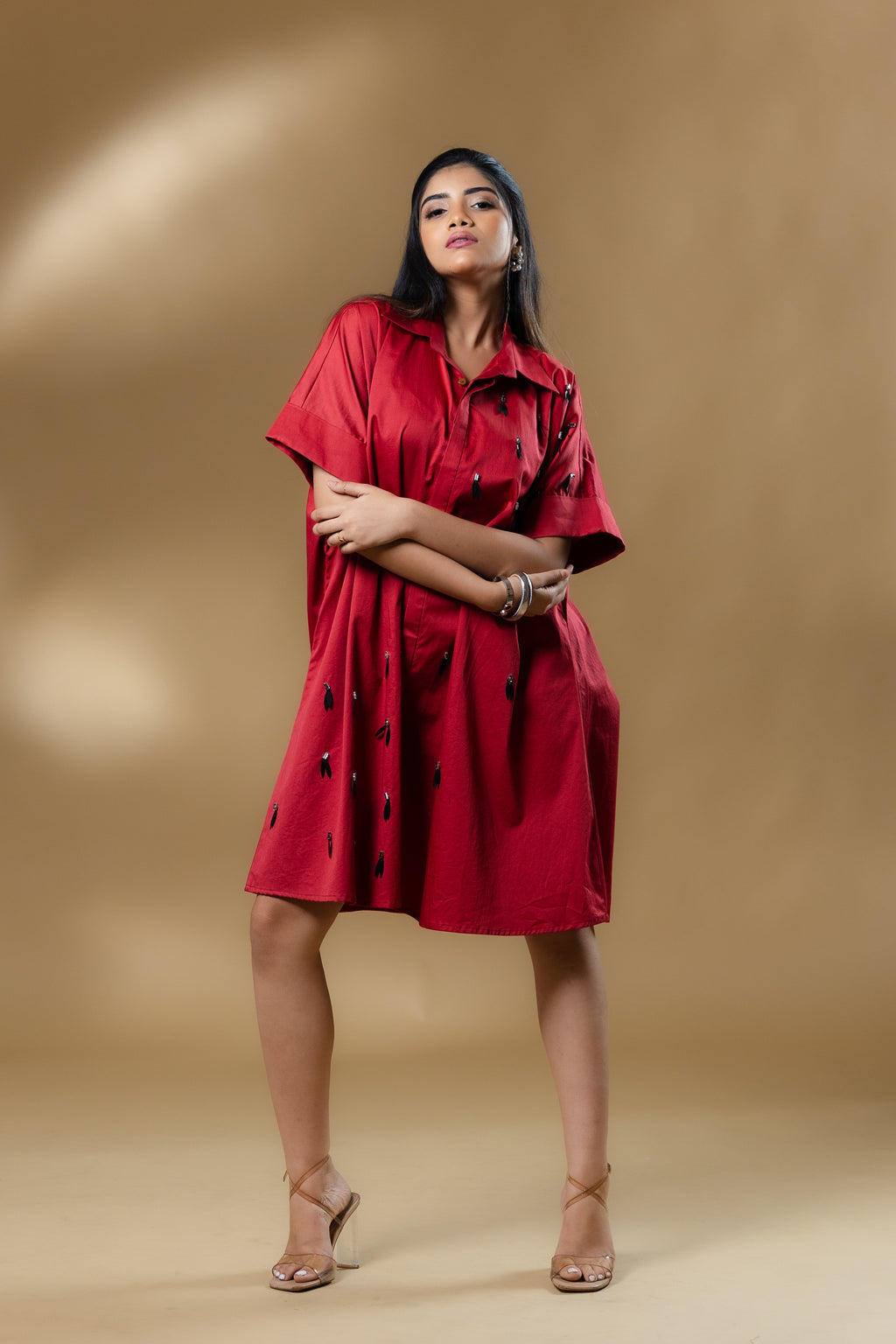Maroon Italian Cotton Black Eye Stone Short Dress