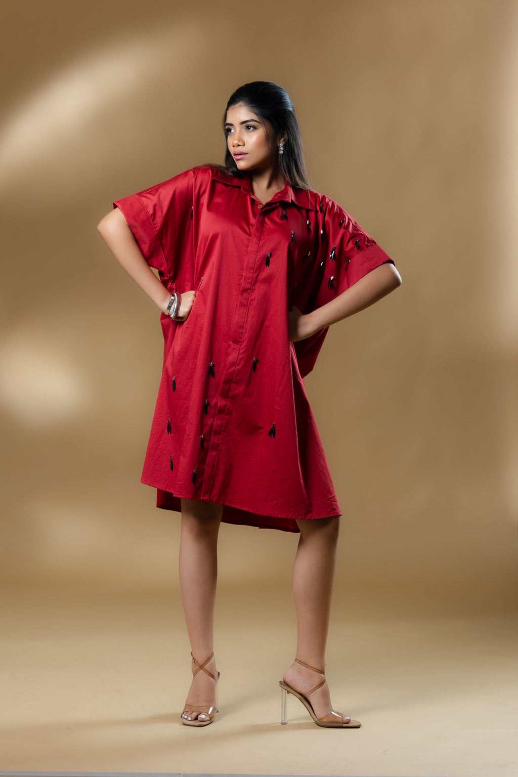 Maroon Italian Cotton Black Eye Stone Short Dress