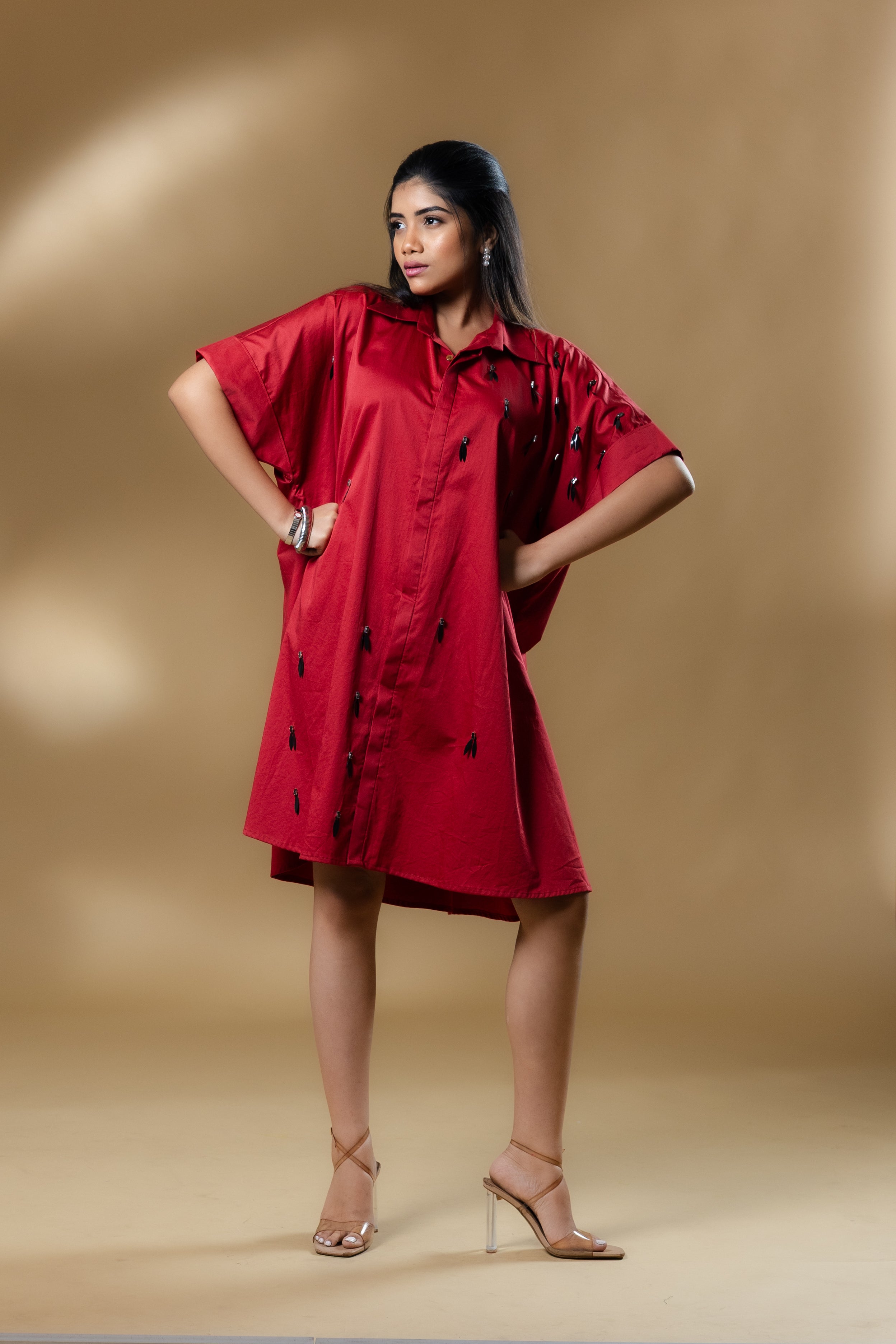 Maroon Italian Cotton Black Eye Stone Short Dress