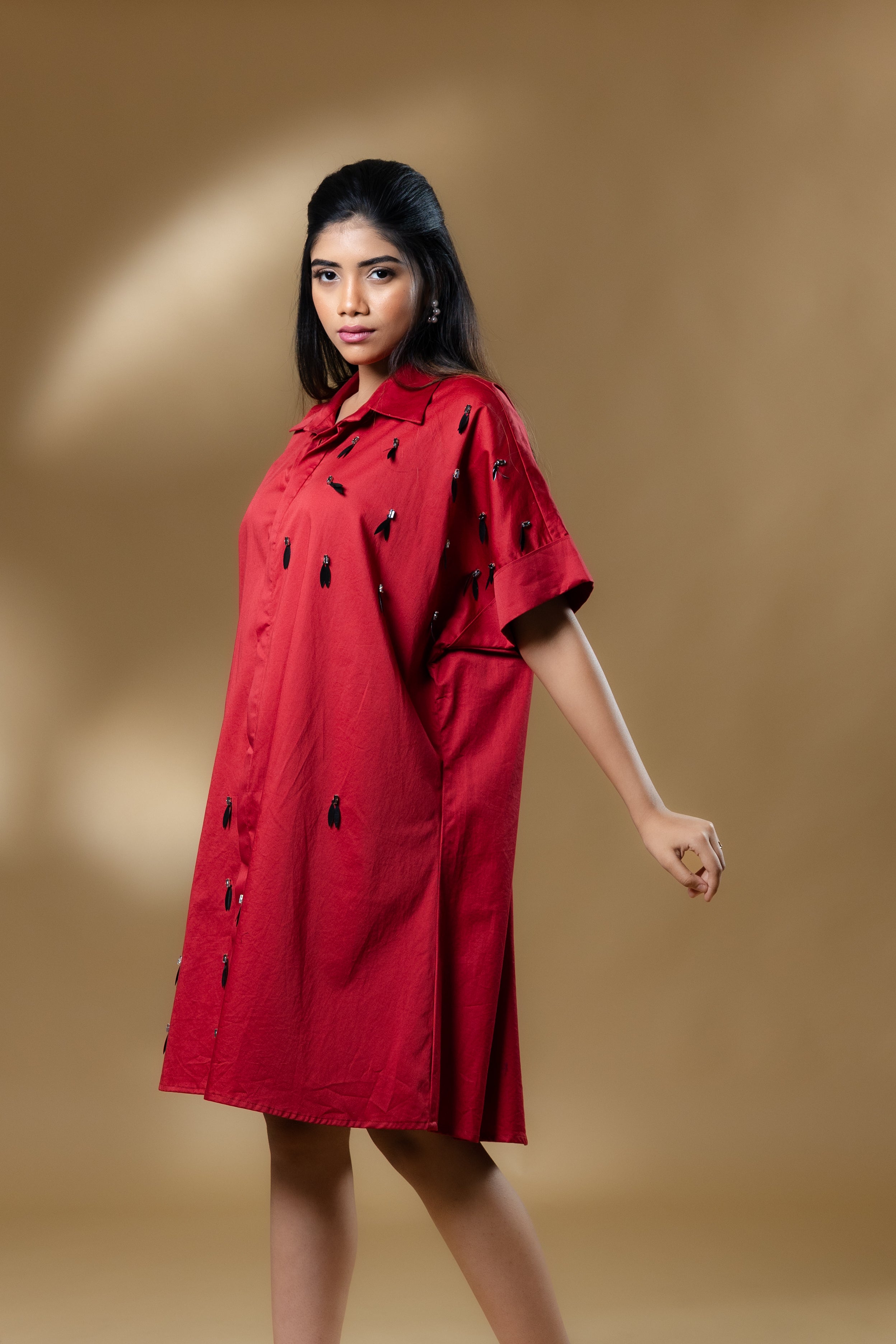 Maroon Italian Cotton Black Eye Stone Short Dress