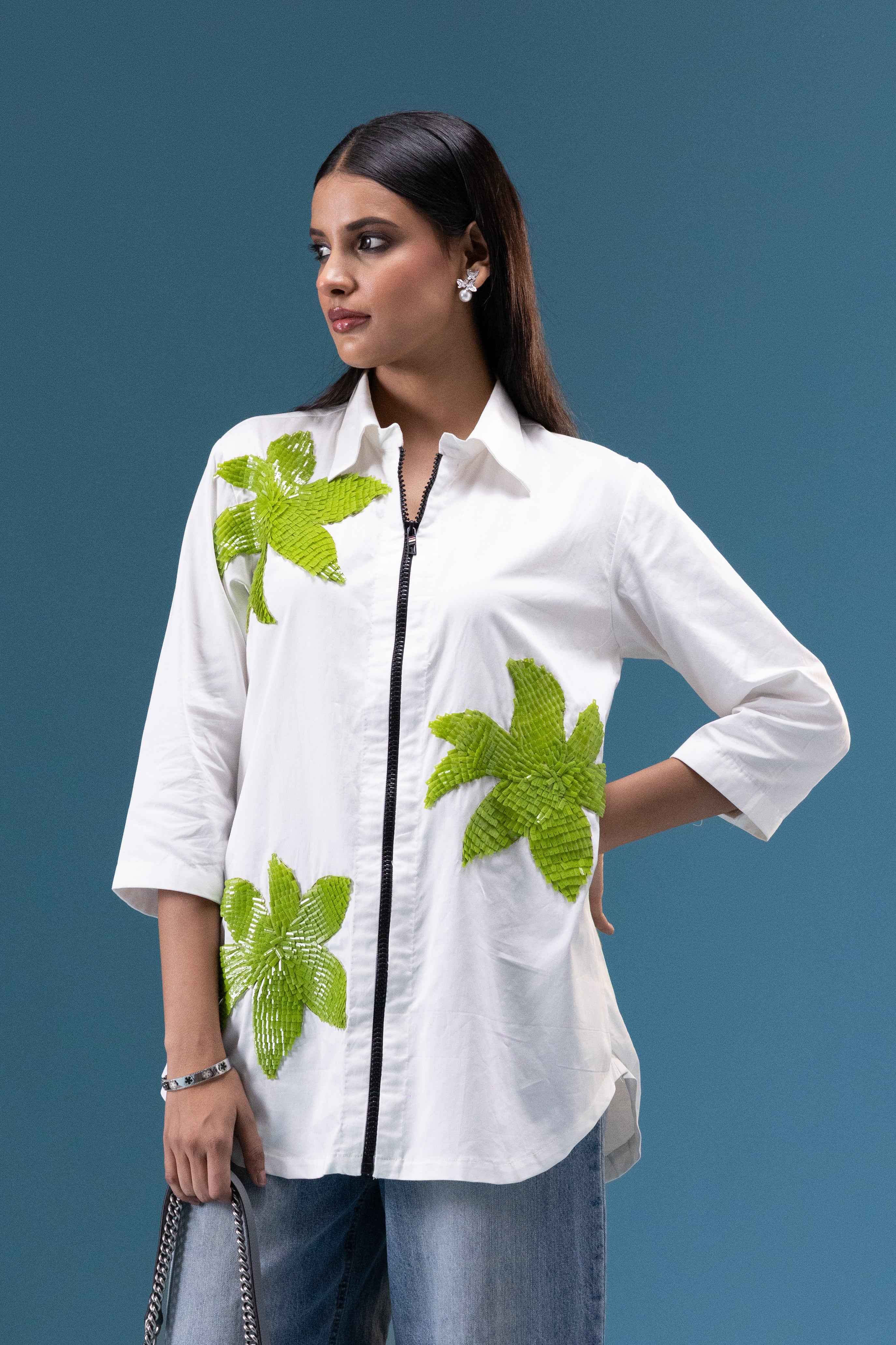 Lime Bloom Appliqué Statement Shirt