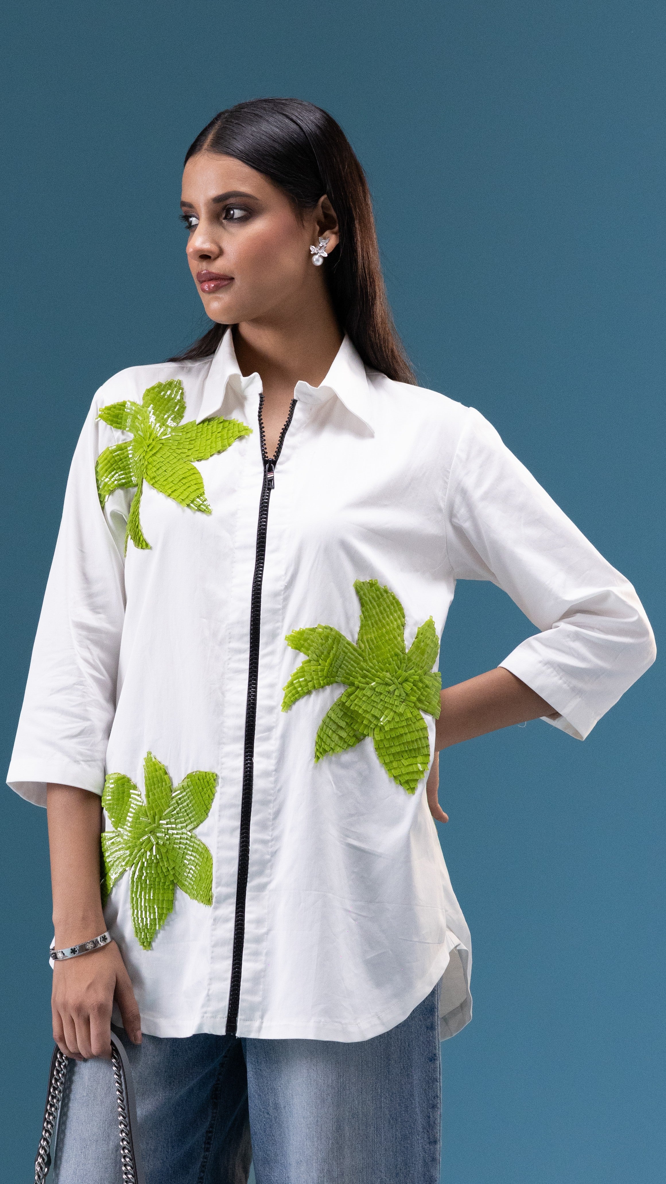 Lime Bloom Appliqué Statement Shirt