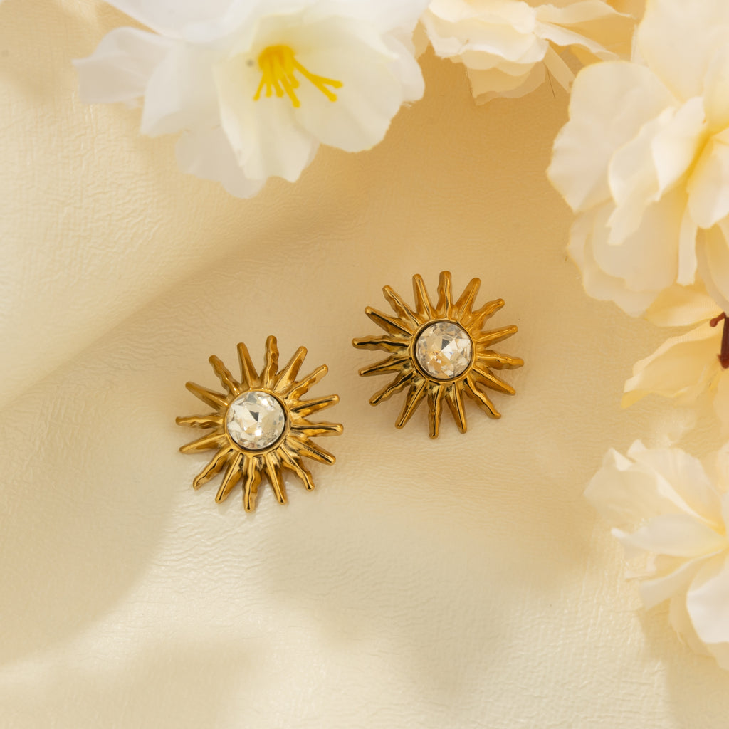 Solara Crystal Sun Stud Earrings - 18K Gold Plated
