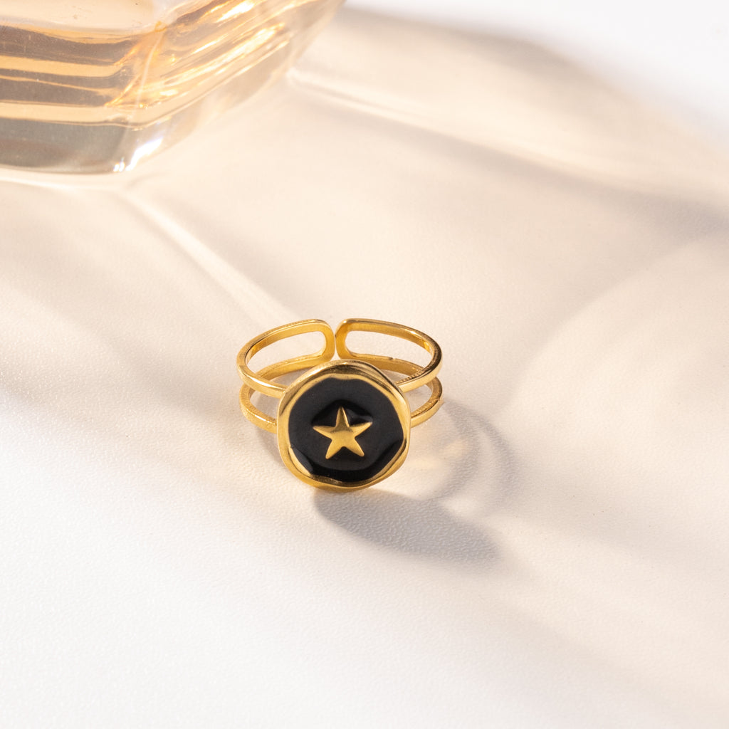 Celeste Star Adjustable Ring – Black & Gold