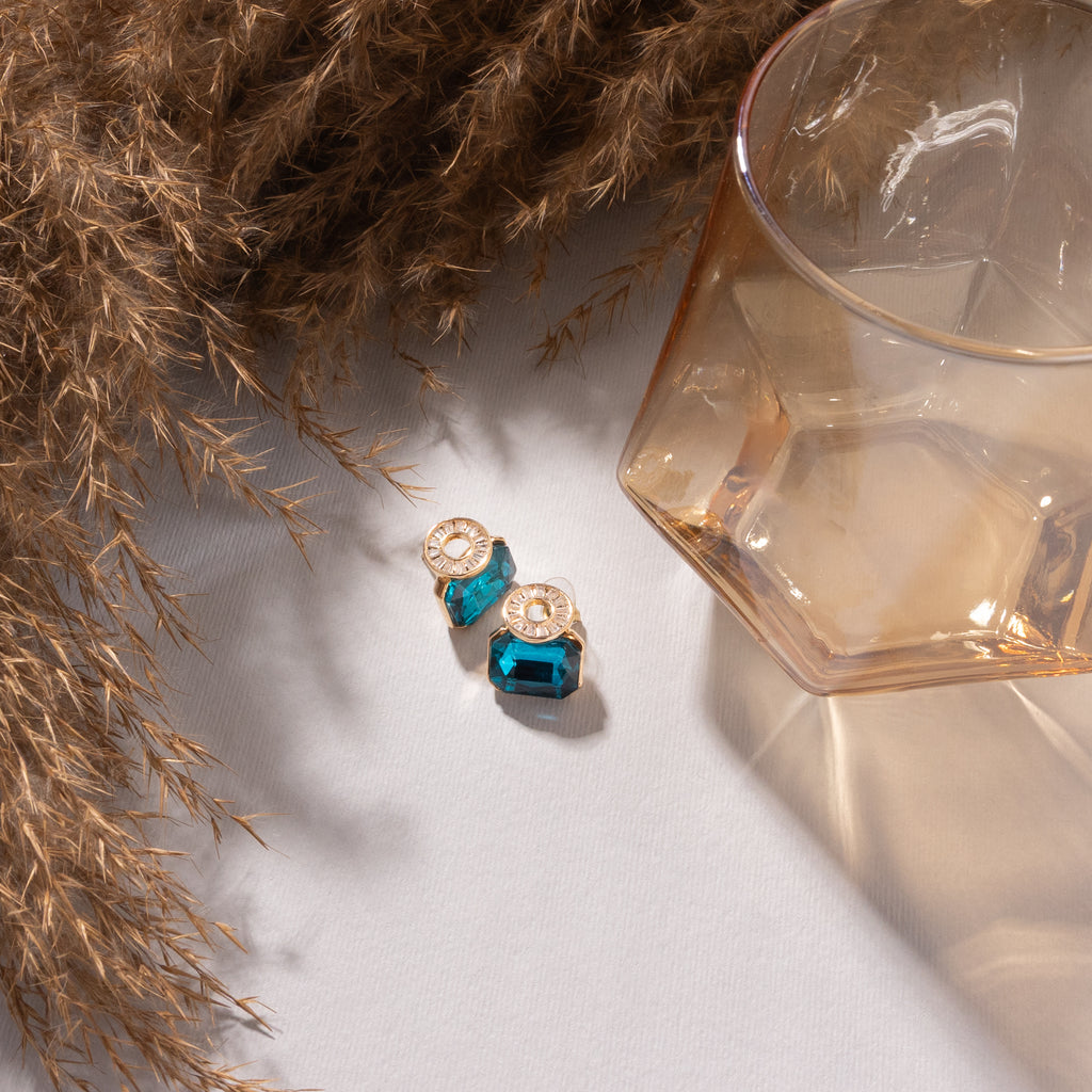 Azure Glow Crystal Stud Earrings - Gold Plated