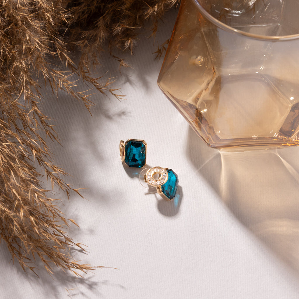 Azure Glow Crystal Stud Earrings - Gold Plated