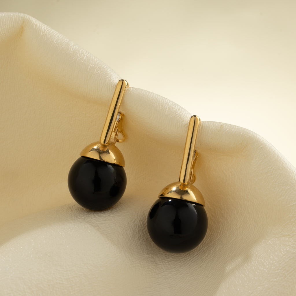 Noir Pearl Drop Link Earrings - Gold Plated