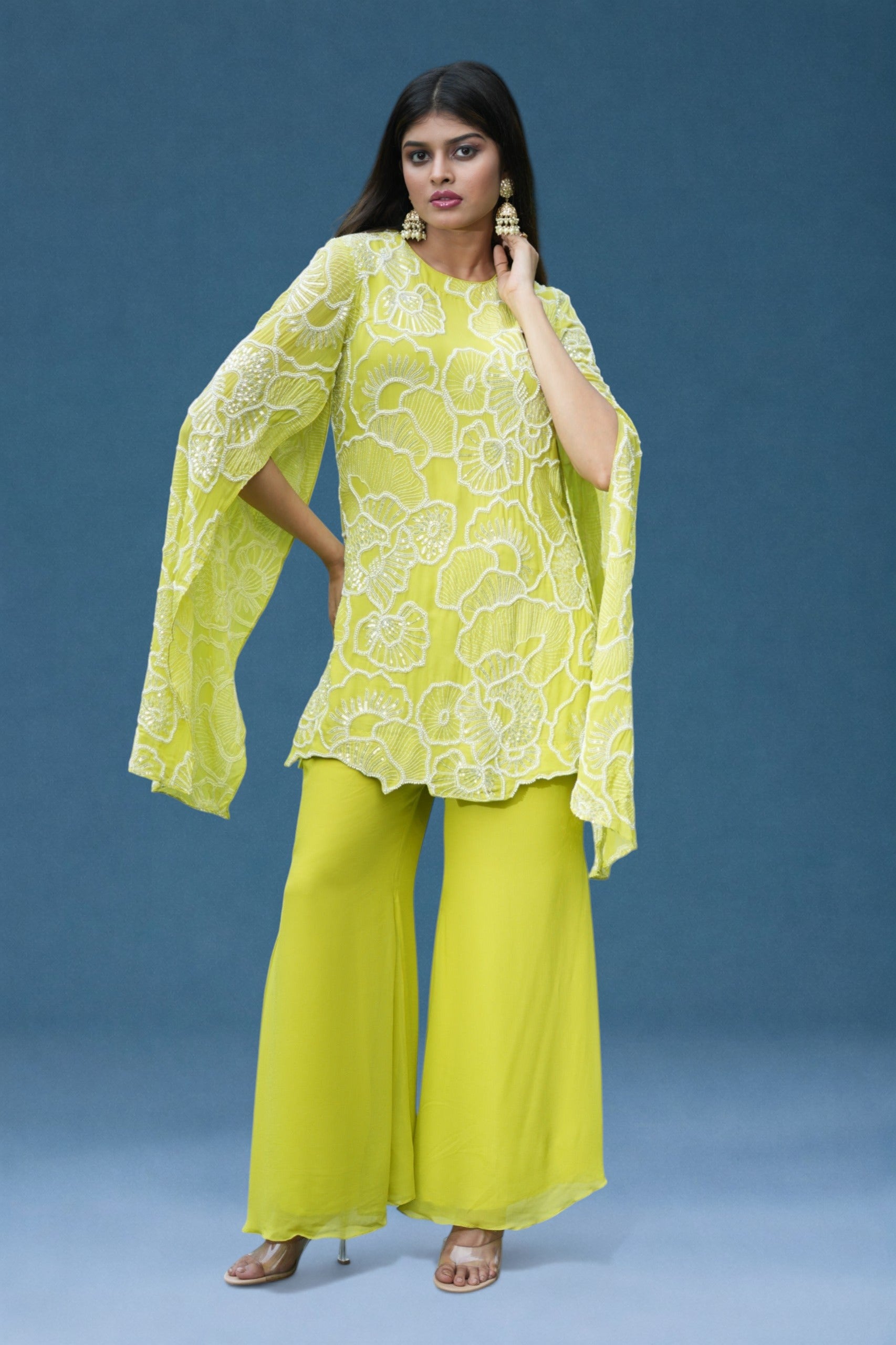 Green Embroidered Flared Sleeves Co-ord
