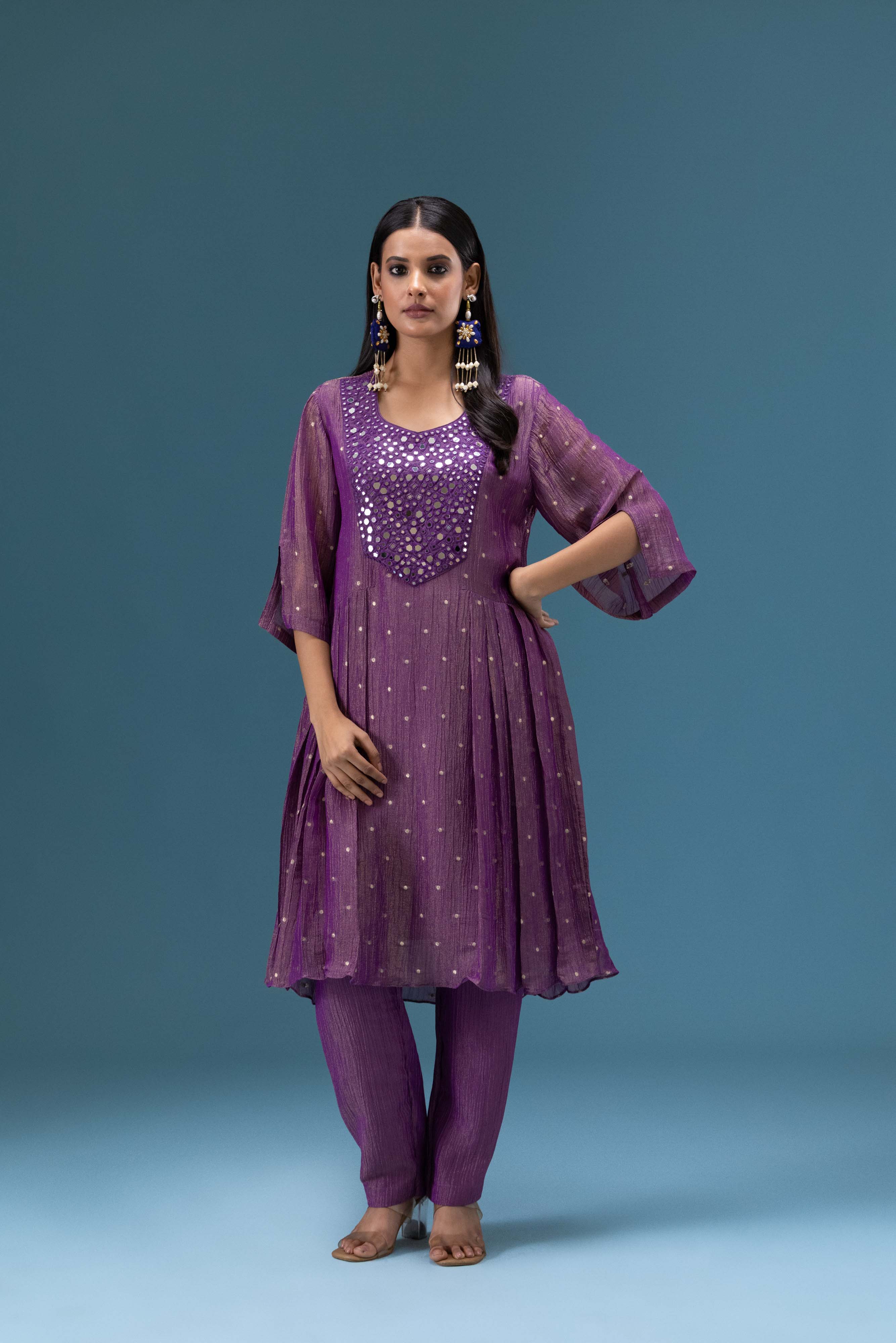 Zehra Plum Mirror Work Kurta Set
