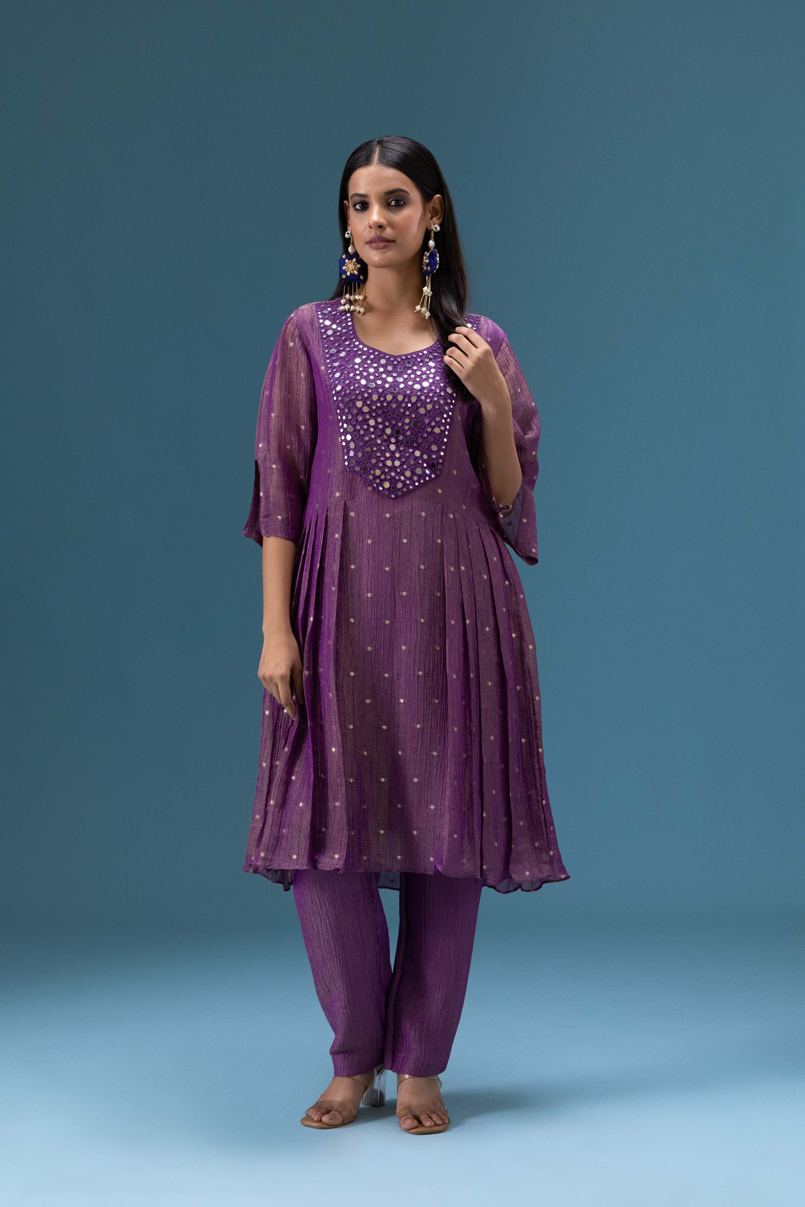 Zehra Plum Mirror Work Kurta Set