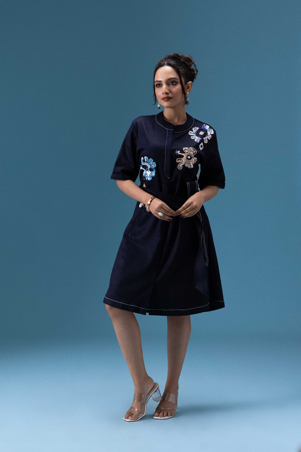 Navy Embroidered Short Dress