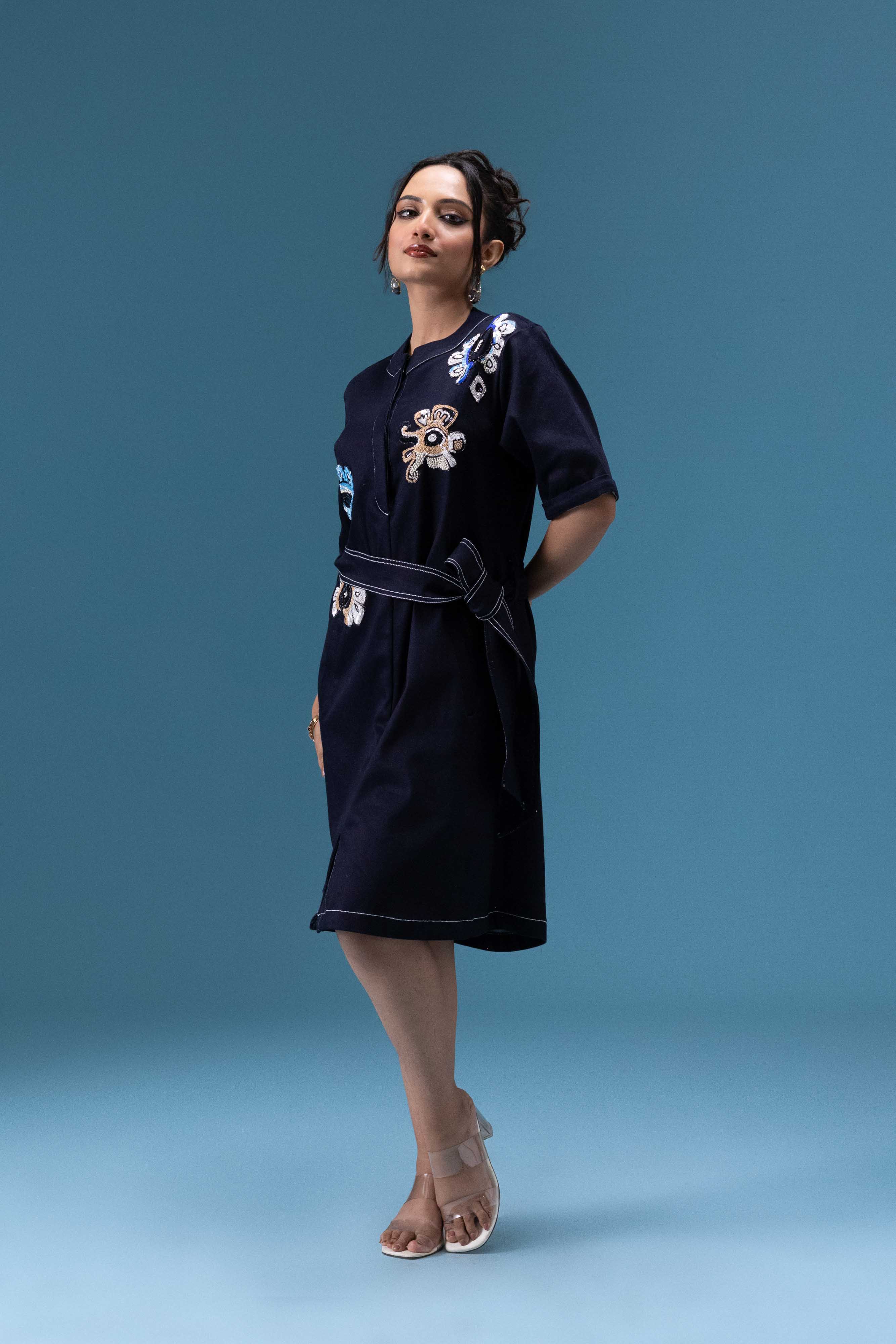 Navy Embroidered Short Dress