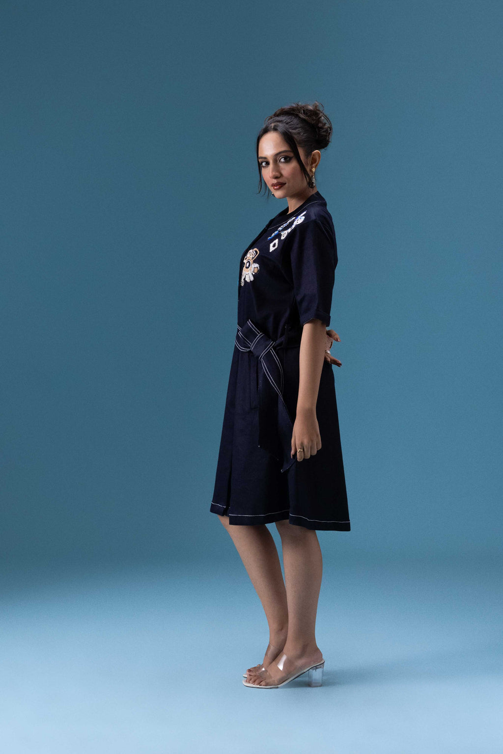 Navy Embroidered Short Dress