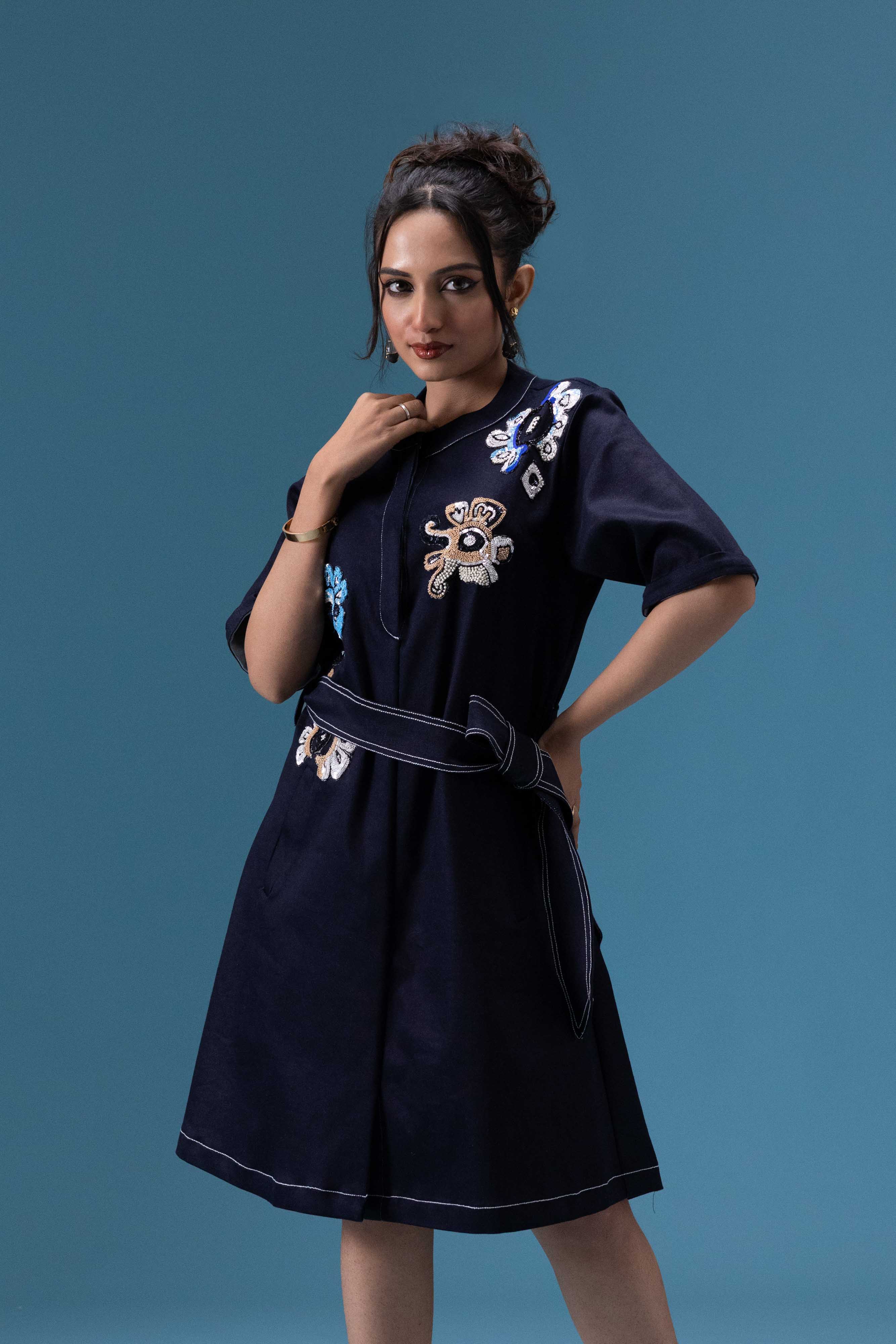 Navy Embroidered Short Dress